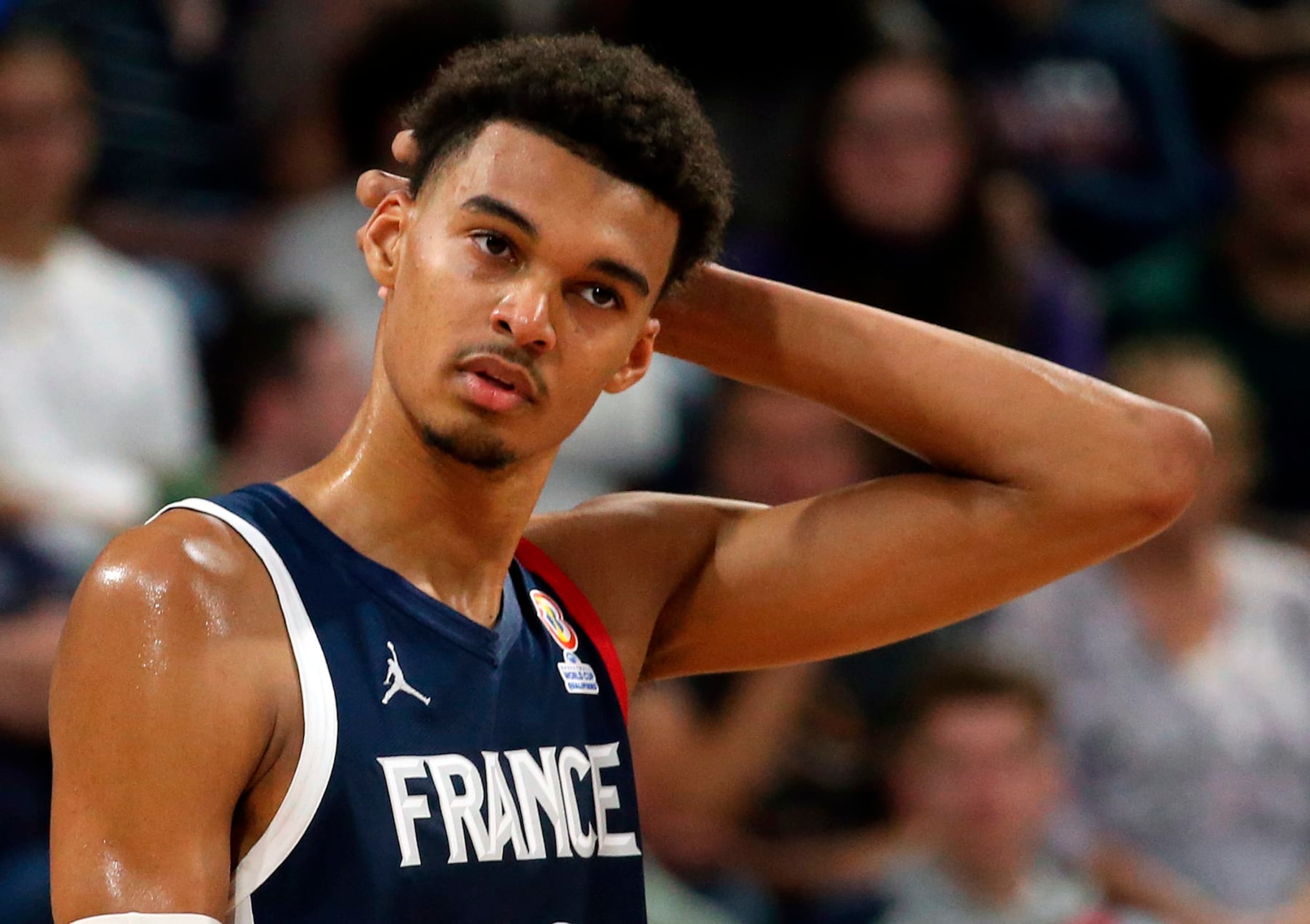 France's Victor Wembanyama reacts during the FIBA Basketball World Cup 2023 European Qualifiers match between France and Bosnia Herzegovina in Pau, southwestern France, Monday, Nov. 14, 2022. (AP Photo/Bob Edme)