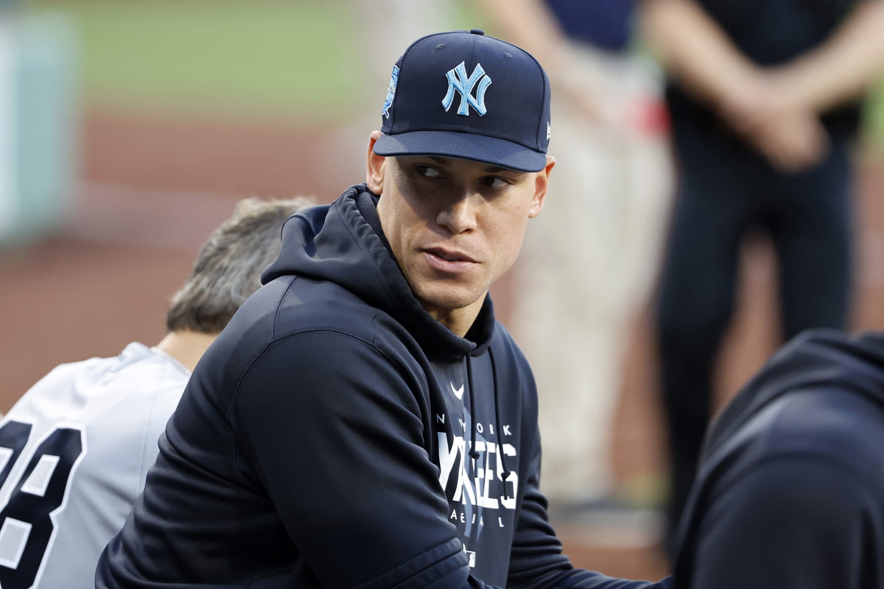 BOSTON, MA - JUNE 18: Aaron Judge #99 of the New York Yankees looks on from the dugout during the first inning of game two of a doubleheader against the Boston Red Sox at Fenway Park on June 18, 2023 in Boston, Massachusetts. (Photo By Winslow Townson/Getty Images)