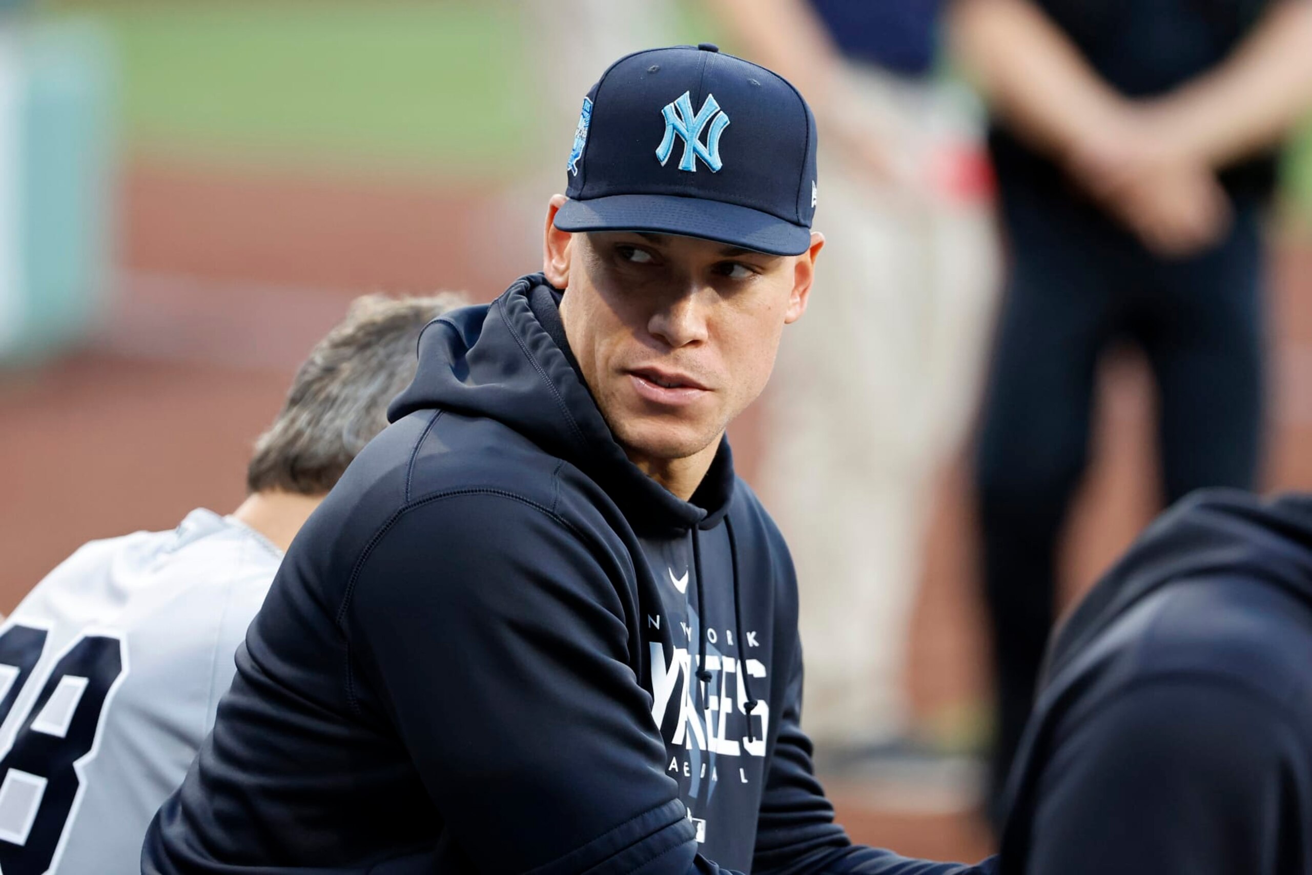 BOSTON, MA - JUNE 18: Aaron Judge #99 of the New York Yankees looks on from the dugout during the first inning of game two of a doubleheader against the Boston Red Sox at Fenway Park on June 18, 2023 in Boston, Massachusetts. (Photo By Winslow Townson/Getty Images)