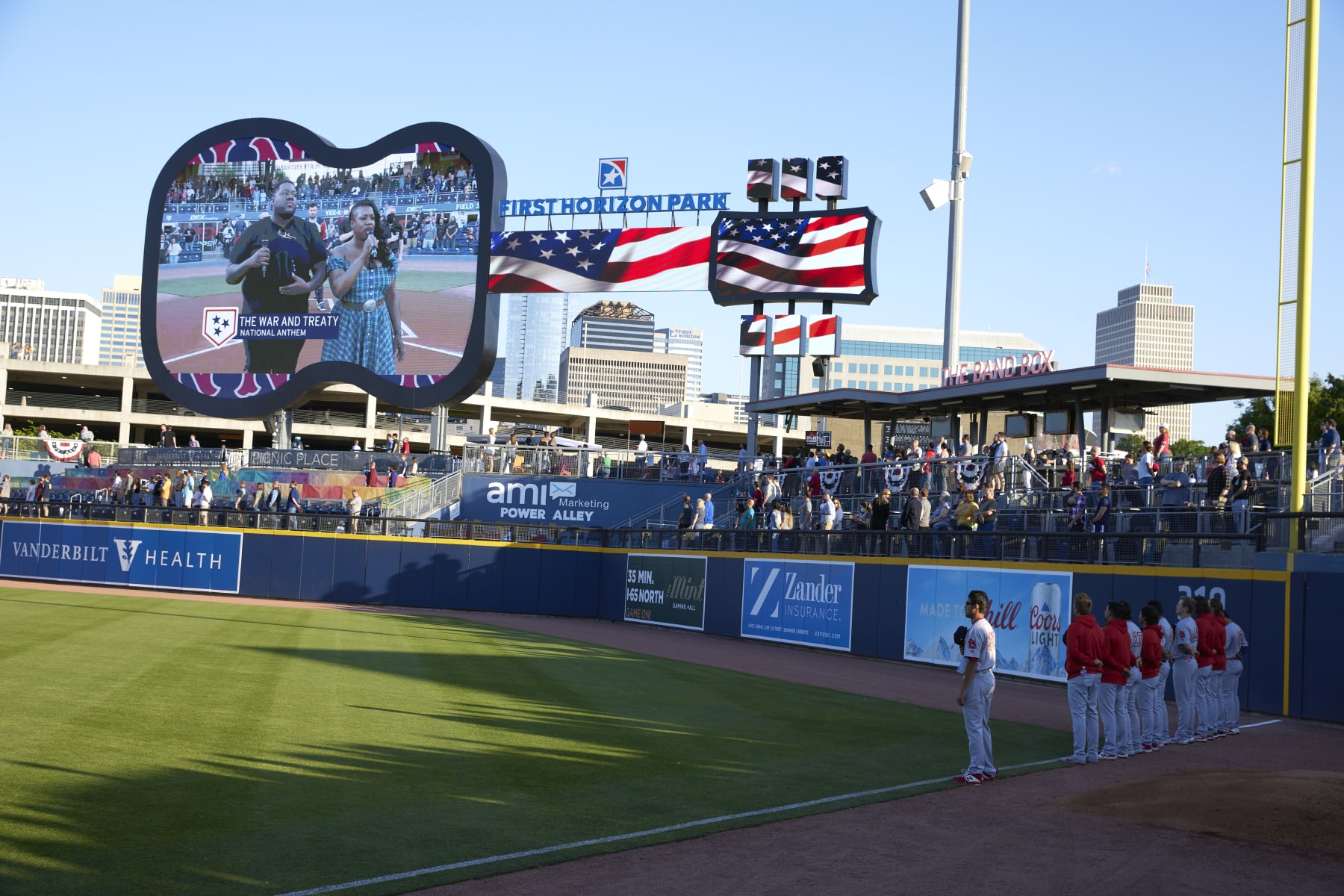 Minor League Baseball:  View of First Horizon Park scoreboard in the shape of a guitar during anthem before Nashville Sounds vs Memphis Redbirds game. Nashville, TN 5/14/2021 CREDIT: David E. Klutho/Sports Illustrated via Getty Images) (Set Number: X163617 TK1)