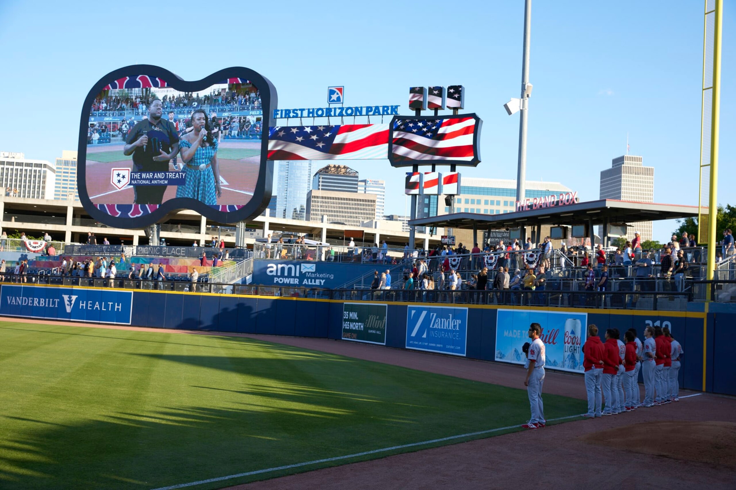Minor League Baseball:  View of First Horizon Park scoreboard in the shape of a guitar during anthem before Nashville Sounds vs Memphis Redbirds game. Nashville, TN 5/14/2021 CREDIT: David E. Klutho/Sports Illustrated via Getty Images) (Set Number: X163617 TK1)