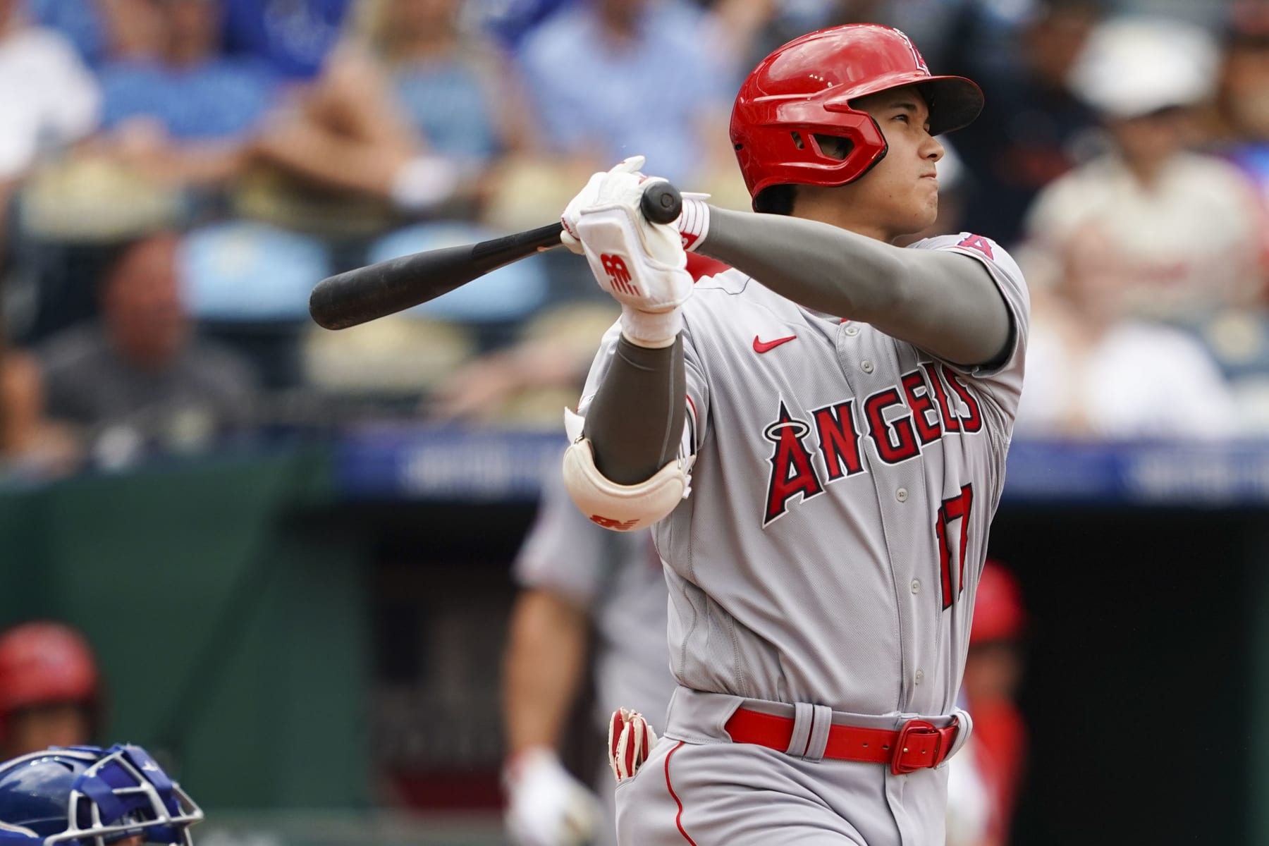 KANSAS CITY, MISSOURI - JUNE 18: Shohei Ohtani #17 of the Los Angeles Angels hits a home run against the Kansas City Royals during the fifth inning at Kauffman Stadium on June 18, 2023 in Kansas City, Missouri. (Photo by Kyle Rivas/Getty Images)