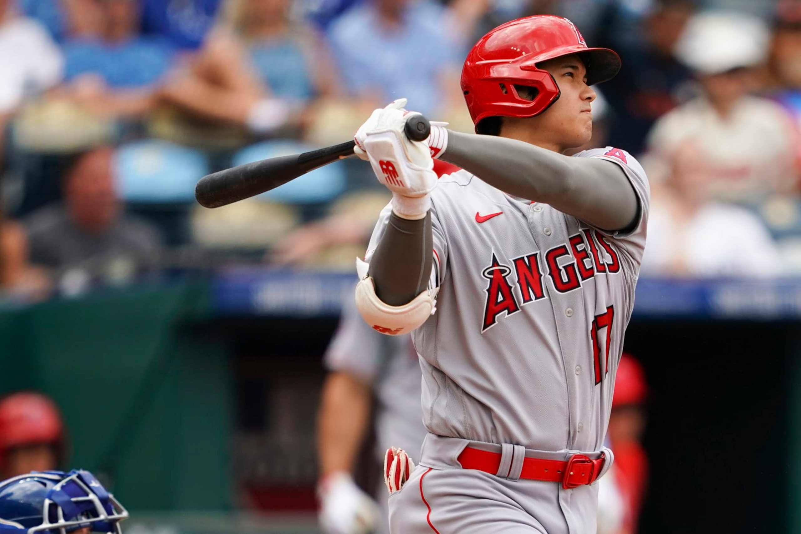 KANSAS CITY, MISSOURI - JUNE 18: Shohei Ohtani #17 of the Los Angeles Angels hits a home run against the Kansas City Royals during the fifth inning at Kauffman Stadium on June 18, 2023 in Kansas City, Missouri. (Photo by Kyle Rivas/Getty Images)