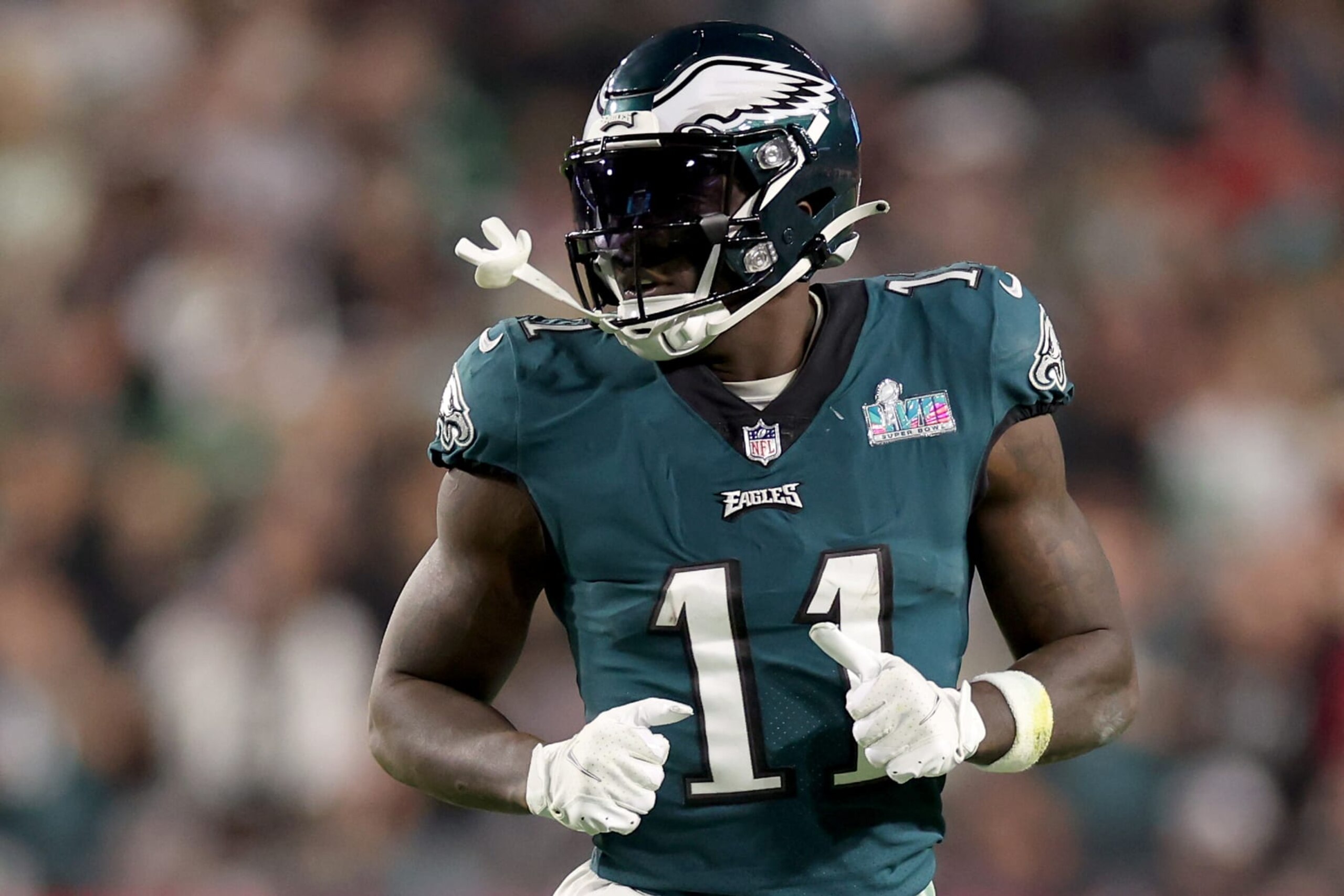 GLENDALE, ARIZONA - FEBRUARY 12: A.J. Brown #11 of the Philadelphia Eagles looks on against the Kansas City Chiefs during the second half in Super Bowl LVII at State Farm Stadium on February 12, 2023 in Glendale, Arizona. (Photo by Christian Petersen/Getty Images) GLENDALE, ARIZONA - FEBRUARY 12: A.J. Brown #11 of the Philadelphia Eagles looks on against the Kansas City Chiefs during the second half in Super Bowl LVII at State Farm Stadium on February 12, 2023 in Glendale, Arizona. (Photo by Christian Petersen/Getty Images)