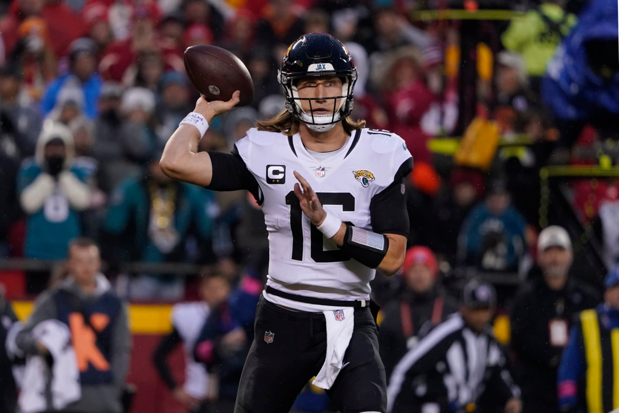 Jacksonville Jaguars quarterback Trevor Lawrence passes against the Kansas City Chiefs during an NFL Divisional Playoff football game Saturday, Jan. 21, 2023, in Kansas City, Mo. (AP Photo/Ed Zurga) Jacksonville Jaguars quarterback Trevor Lawrence passes against the Kansas City Chiefs during an NFL Divisional Playoff football game Saturday, Jan. 21, 2023, in Kansas City, Mo. (AP Photo/Ed Zurga)