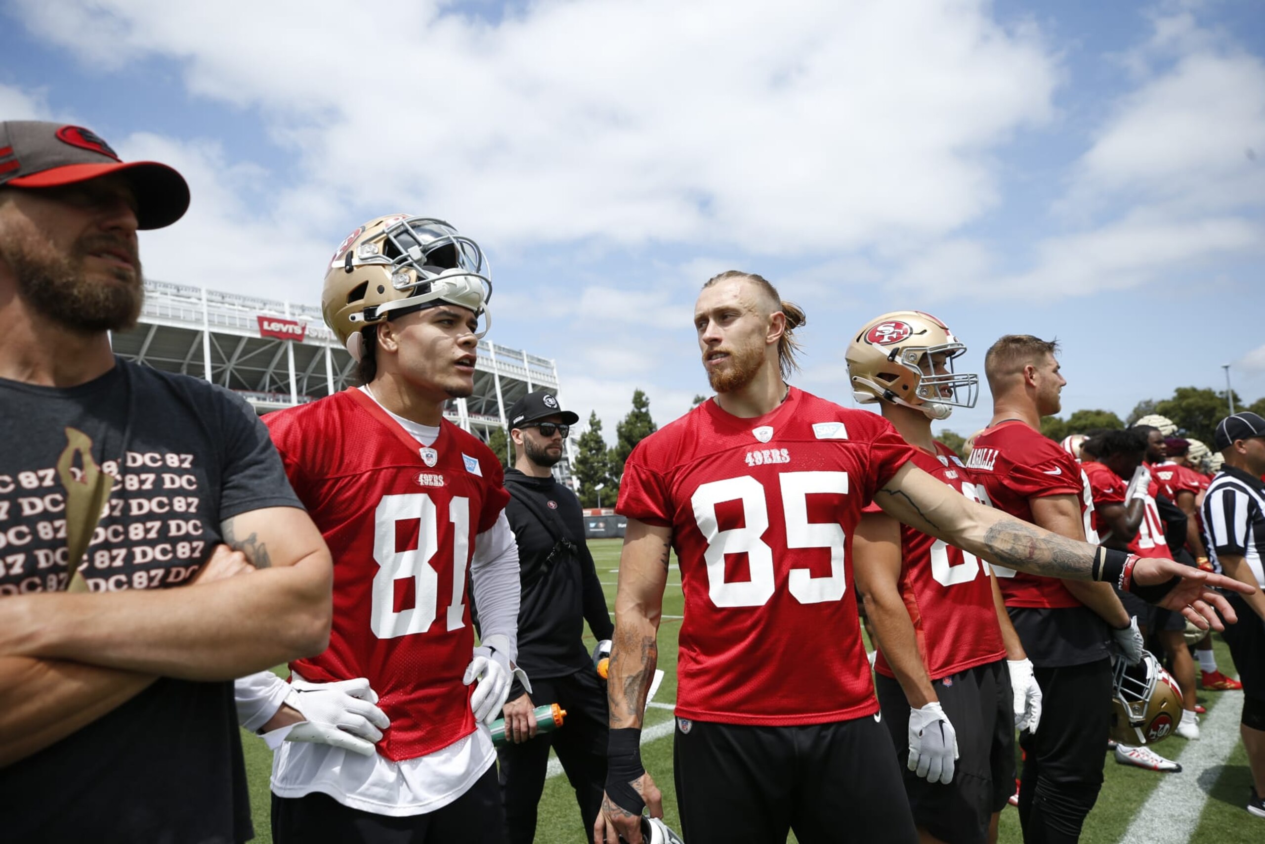 SANTA CLARA, CA - JUNE 7: Cameron Latu #81 and George Kittle #85 of the San Francisco 49ers during mandatory minicamp at the SAP Performance Facility on June 7, 2023 in Santa Clara, California.  (Photo by Michael Zagaris/San Francisco 49ers/Getty Images)