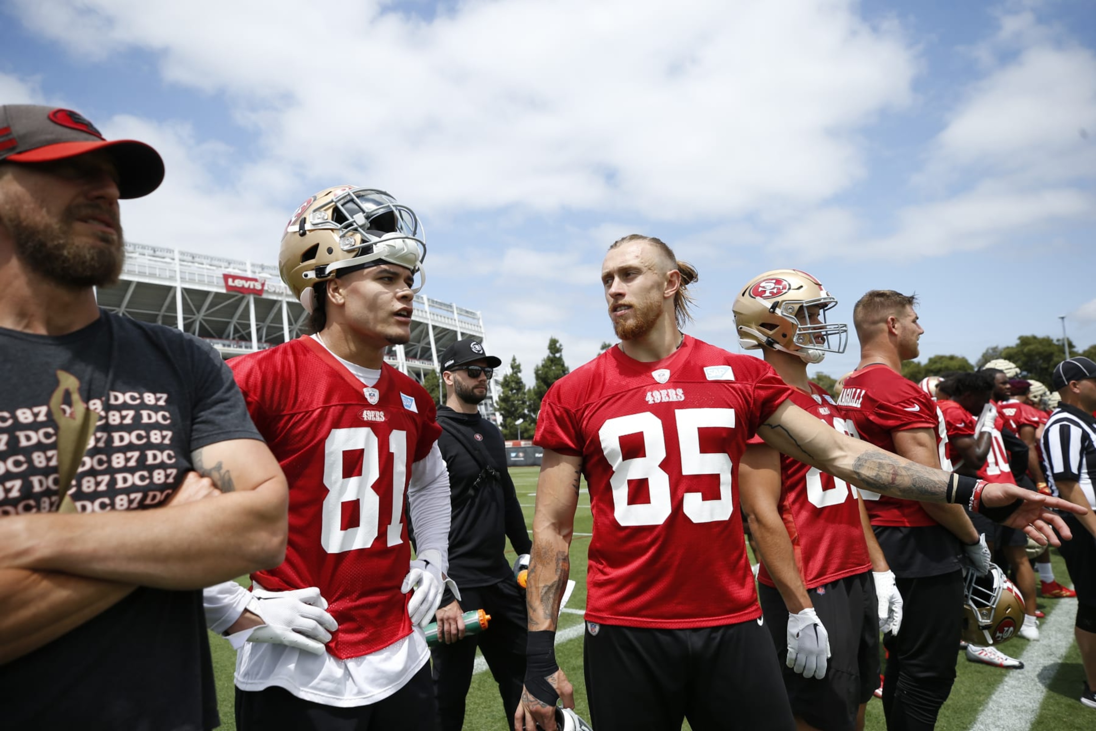 SANTA CLARA, CA - JUNE 7: Cameron Latu #81 and George Kittle #85 of the San Francisco 49ers during mandatory minicamp at the SAP Performance Facility on June 7, 2023 in Santa Clara, California. (Photo by Michael Zagaris/San Francisco 49ers/Getty Images) SANTA CLARA, CA - JUNE 7: Cameron Latu #81 and George Kittle #85 of the San Francisco 49ers during mandatory minicamp at the SAP Performance Facility on June 7, 2023 in Santa Clara, California. (Photo by Michael Zagaris/San Francisco 49ers/Getty Images)