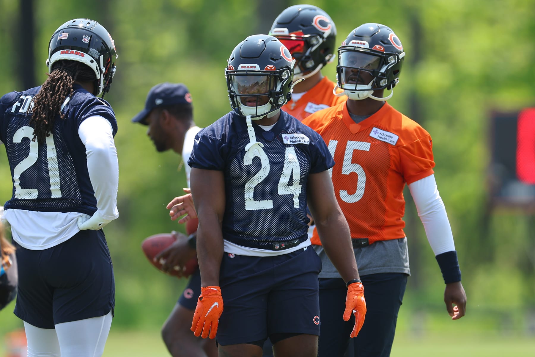 LAKE FOREST, ILLINOIS - MAY 23: Khalil Herbert #24 of the Chicago Bears looks on during OTAs at Halas Hall on May 23, 2023 in Lake Forest, Illinois. (Photo by Michael Reaves/Getty Images)