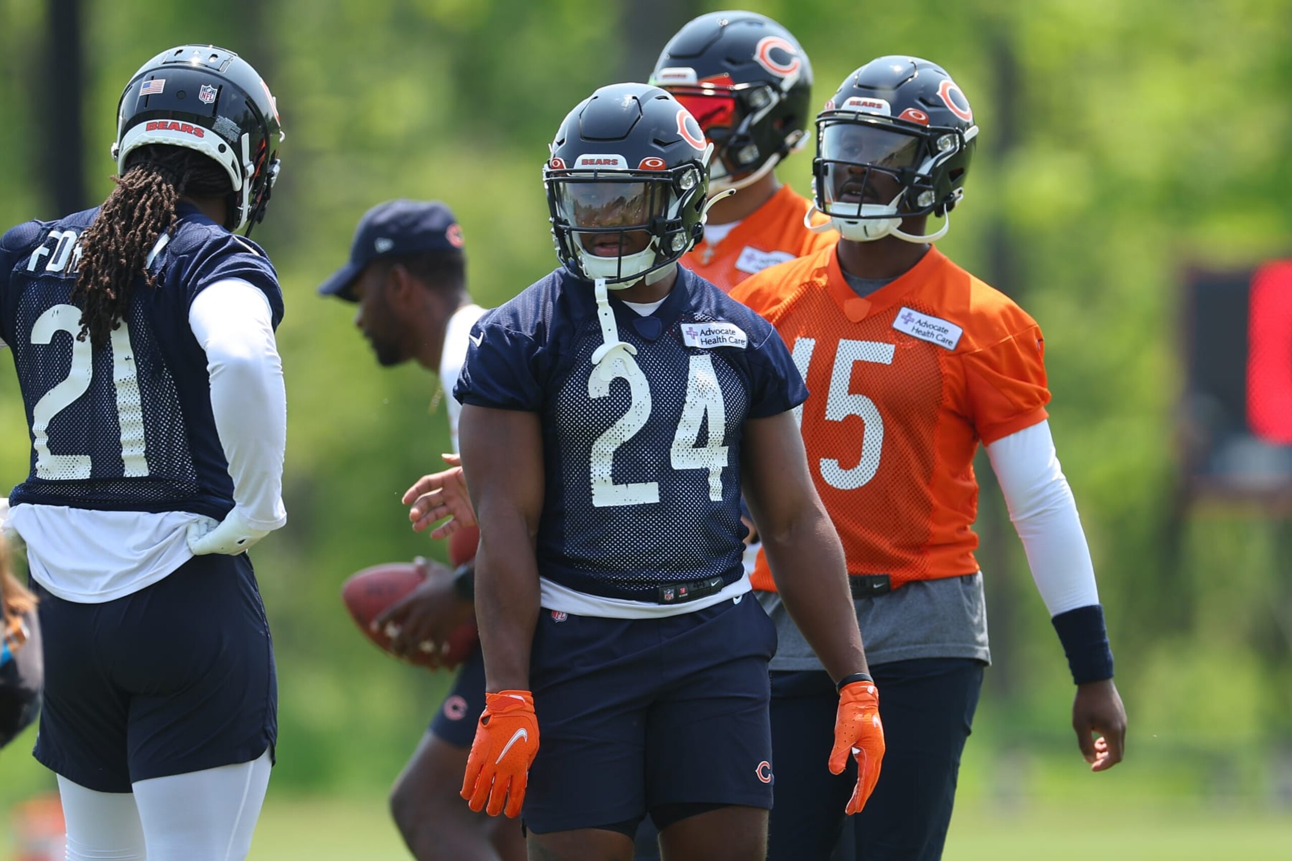 LAKE FOREST, ILLINOIS - MAY 23: Khalil Herbert #24 of the Chicago Bears looks on during OTAs at Halas Hall on May 23, 2023 in Lake Forest, Illinois. (Photo by Michael Reaves/Getty Images)