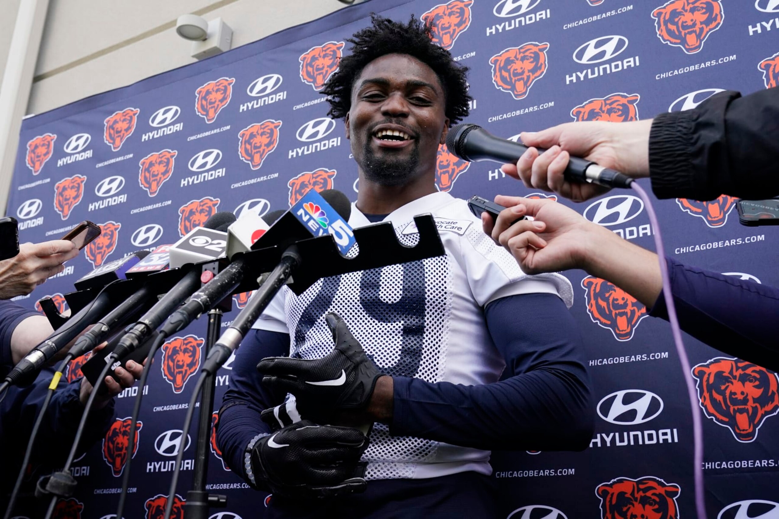 Chicago Bears defensive back Tyrique Stevenson smiles as he speaks at a news conference after the NFL football team's rookie minicamp at Halas Hall in Lake Forest, Ill., Friday, May 5, 2023. (AP Photo/Nam Y. Huh)