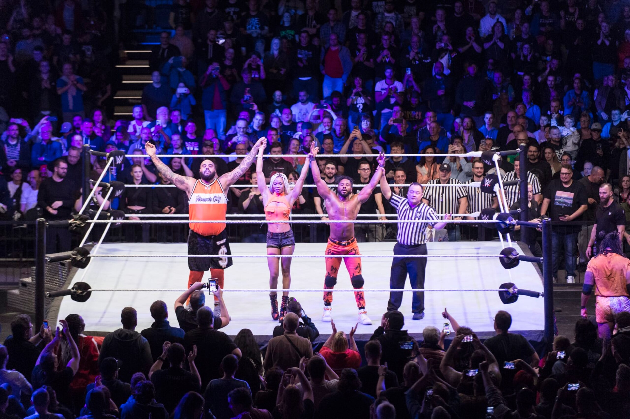 DORTMUND, GERMANY - NOVEMBER 01: Hit Row and Maximum Male Models are posing during the WWE Live Show at Westfalenhalle on November 1, 2022 in Dortmund, Germany. (Photo by Marc Pfitzenreuter/Getty Images)