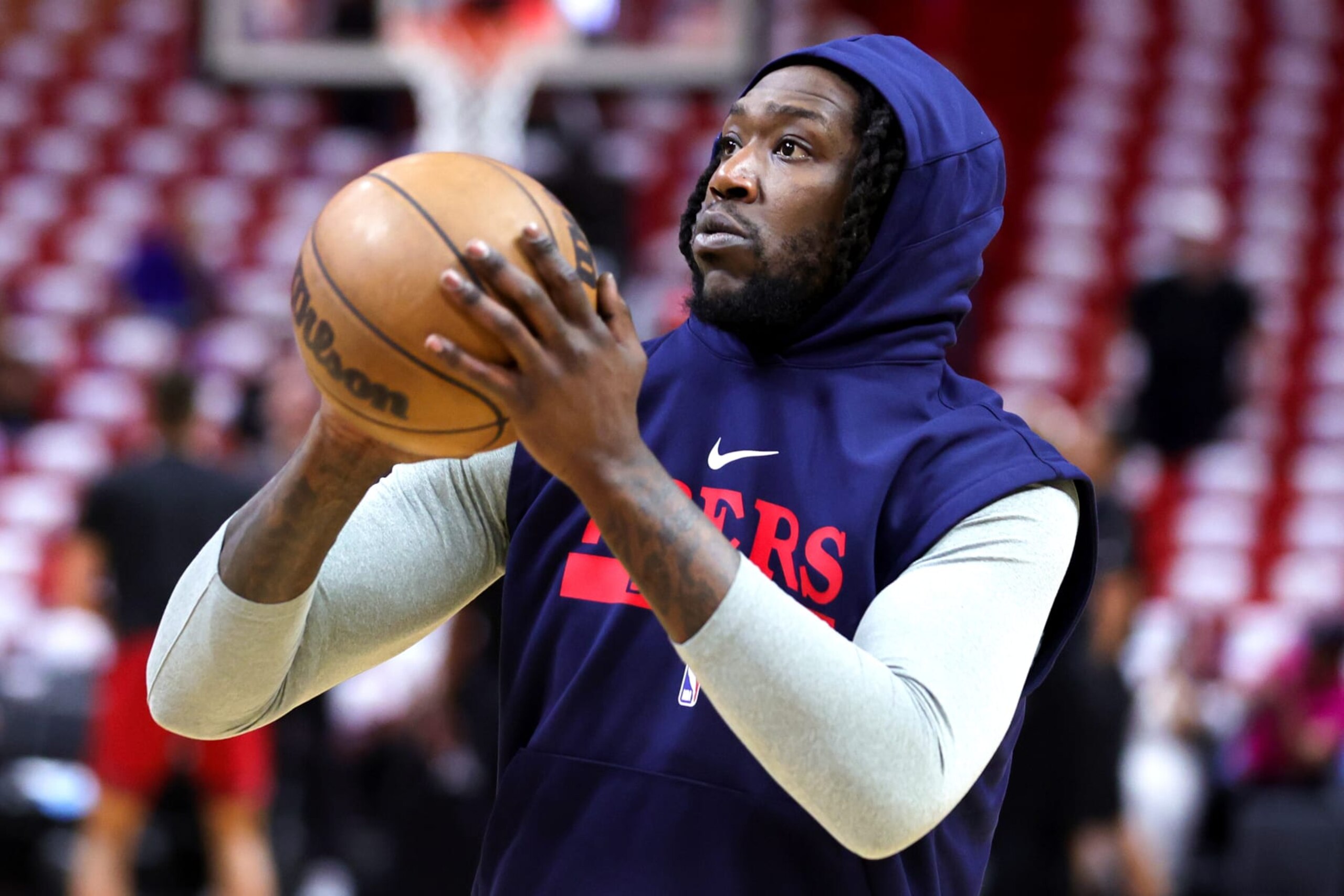 MIAMI, FLORIDA - MARCH 01: Montrezl Harrell #5 of the Philadelphia 76ers warms up prior to a game against the Miami Heat at Miami-Dade Arena on March 01, 2023 in Miami, Florida. NOTE TO USER: User expressly acknowledges and agrees that, by downloading and or using this photograph, User is consenting to the terms and conditions of the Getty Images License Agreement. (Photo by Megan Briggs/Getty Images)