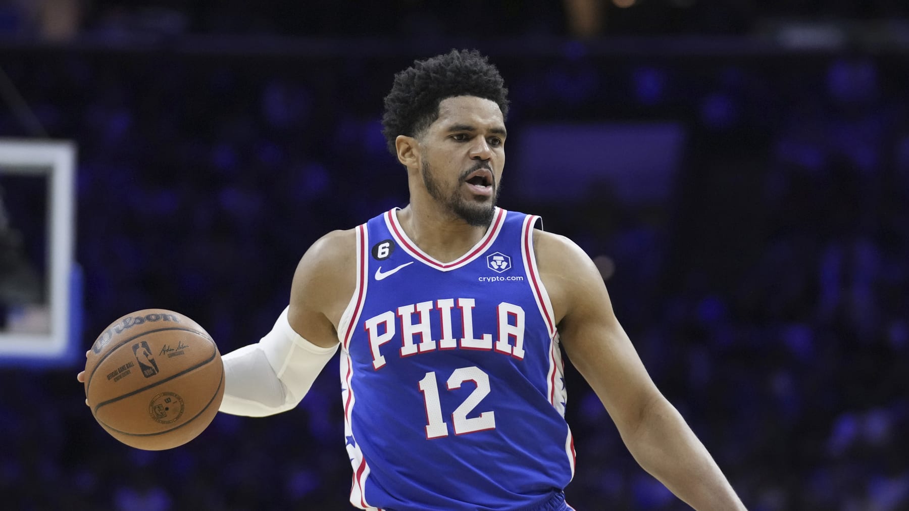 Philadelphia 76ers' Tobias Harris plays during the first half of Game 4 in an NBA basketball Eastern Conference semifinals playoff series, Sunday, May 7, 2023, in Philadelphia. (AP Photo/Matt Slocum)