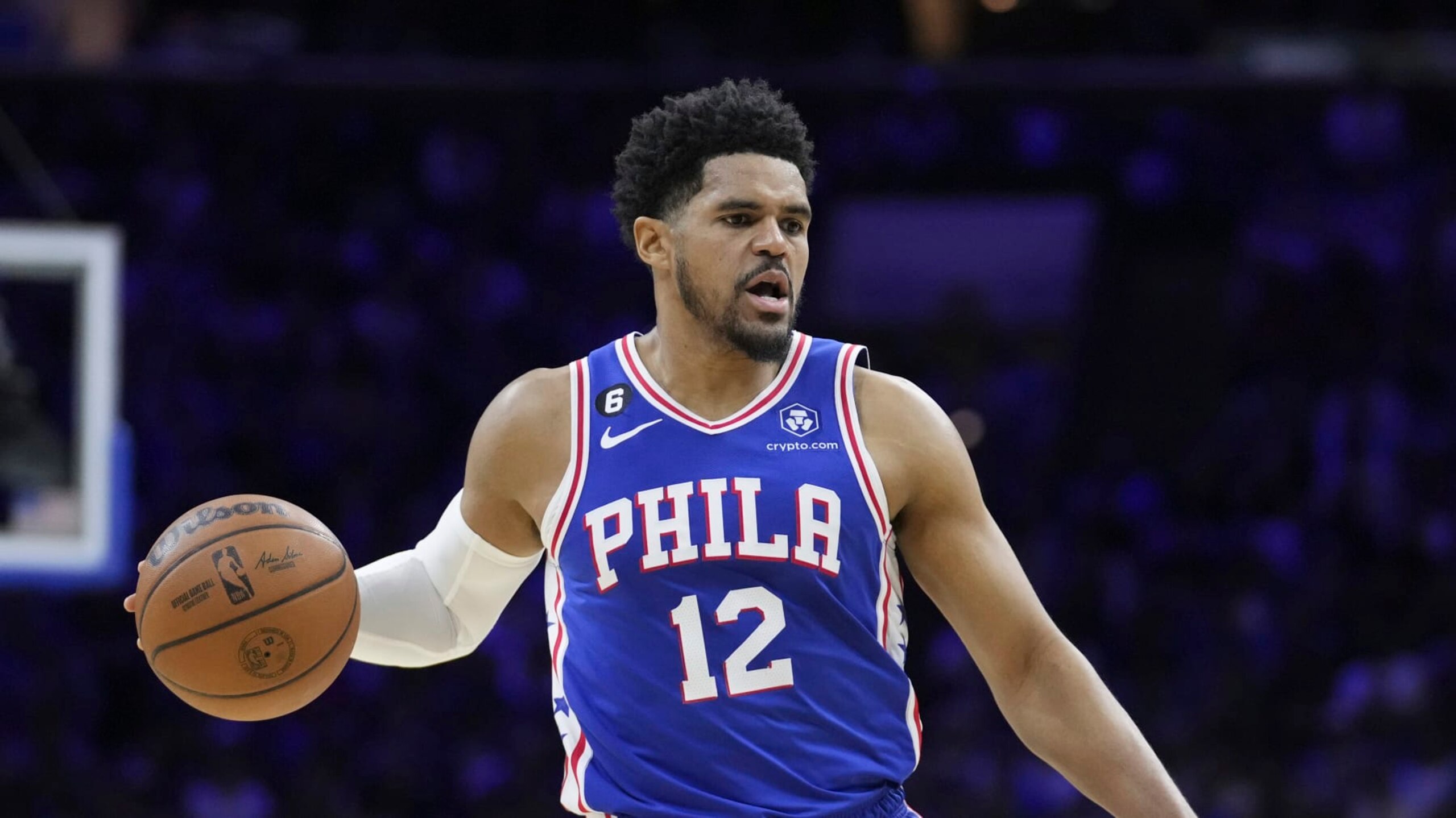 Philadelphia 76ers' Tobias Harris plays during the first half of Game 4 in an NBA basketball Eastern Conference semifinals playoff series, Sunday, May 7, 2023, in Philadelphia. (AP Photo/Matt Slocum)