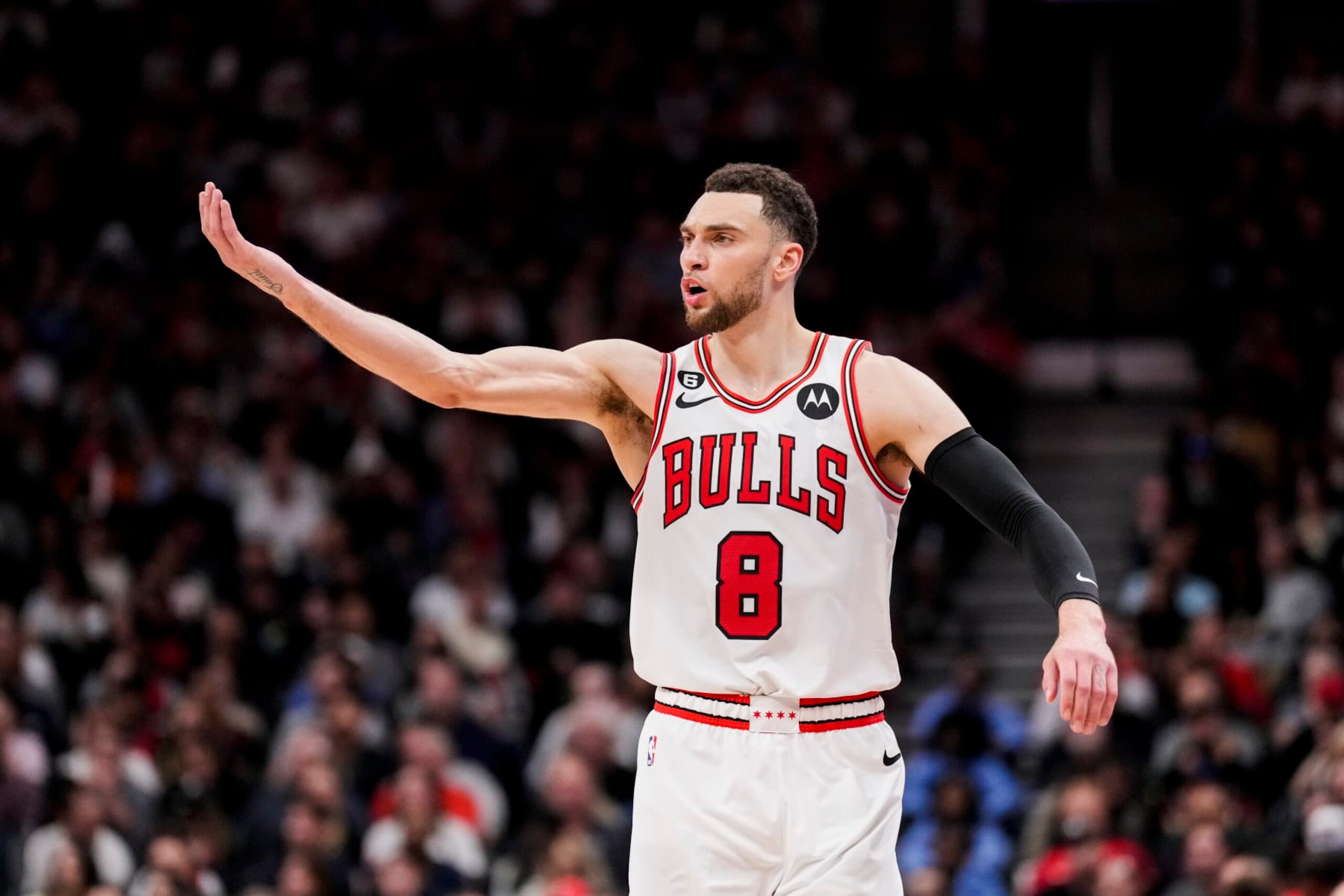 TORONTO, ON - APRIL 12: Zach LaVine #8 of the Chicago Bulls gestures against the Toronto Raptors during the 2023 Play-In Tournament at the Scotiabank Arena on April 12, 2023 in Toronto, Ontario, Canada. NOTE TO USER: User expressly acknowledges and agrees that, by downloading and/or using this Photograph, user is consenting to the terms and conditions of the Getty Images License Agreement. (Photo by Andrew Lahodynskyj/Getty Images)
