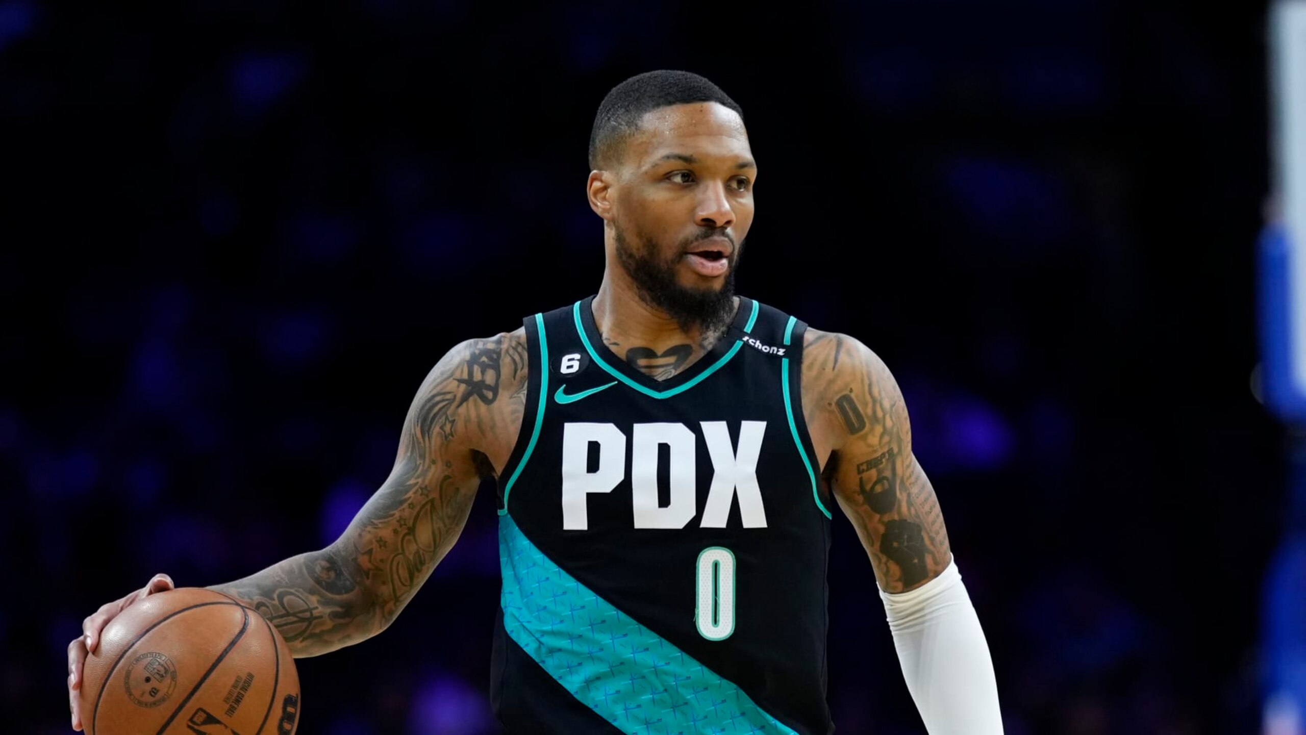 Portland Trail Blazers' Damian Lillard plays during an NBA basketball game, Friday, March 10, 2023, in Philadelphia. (AP Photo/Matt Slocum) Portland Trail Blazers' Damian Lillard plays during an NBA basketball game, Friday, March 10, 2023, in Philadelphia. (AP Photo/Matt Slocum)