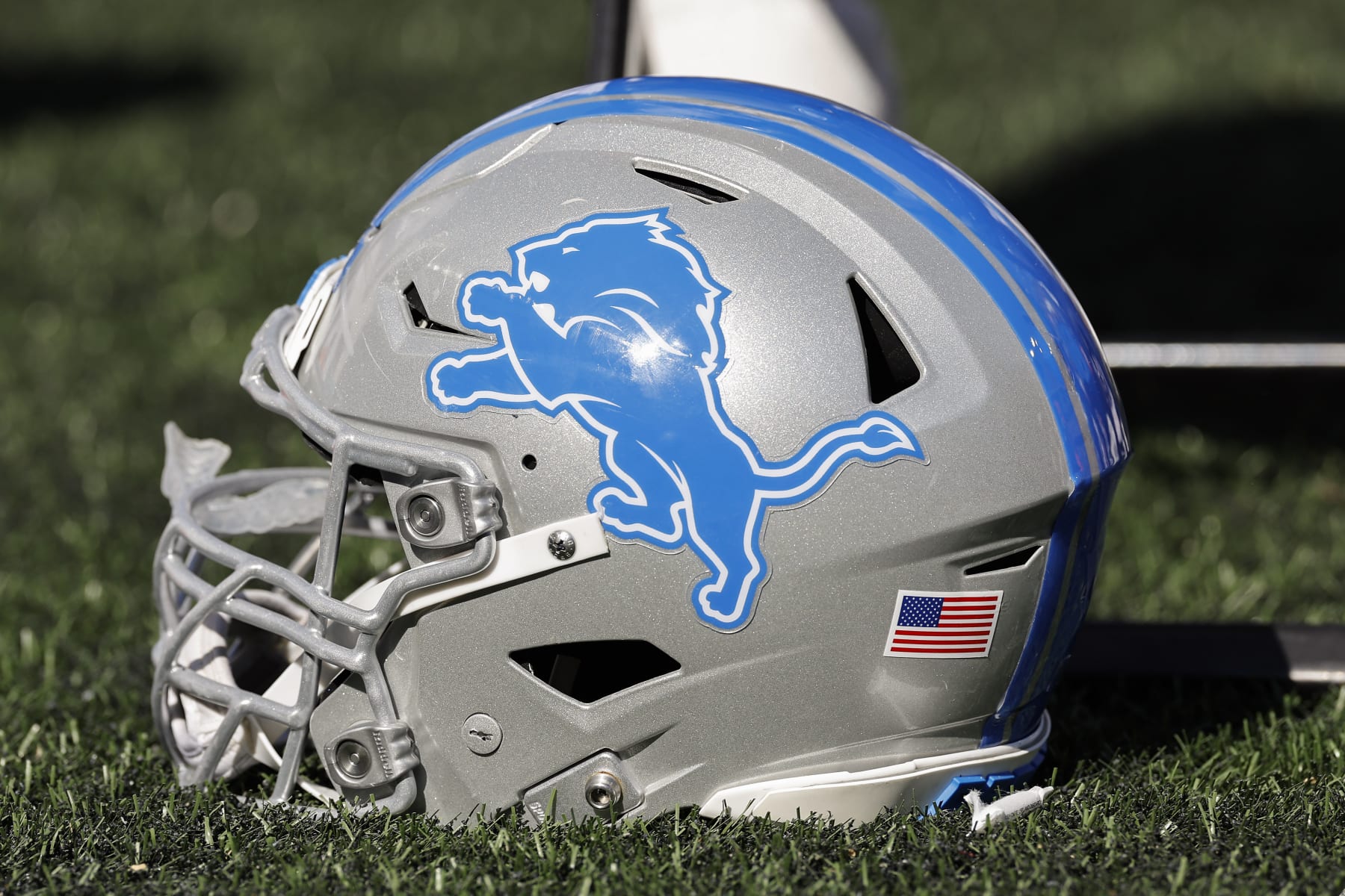 The Detroit Lions logo is seen on a helmet during an NFL football game against the New England Patriots at Gillette Stadium, Sunday, Oct. 9, 2022 in Foxborough, Mass. (Winslow Townson/AP Images for Panini)