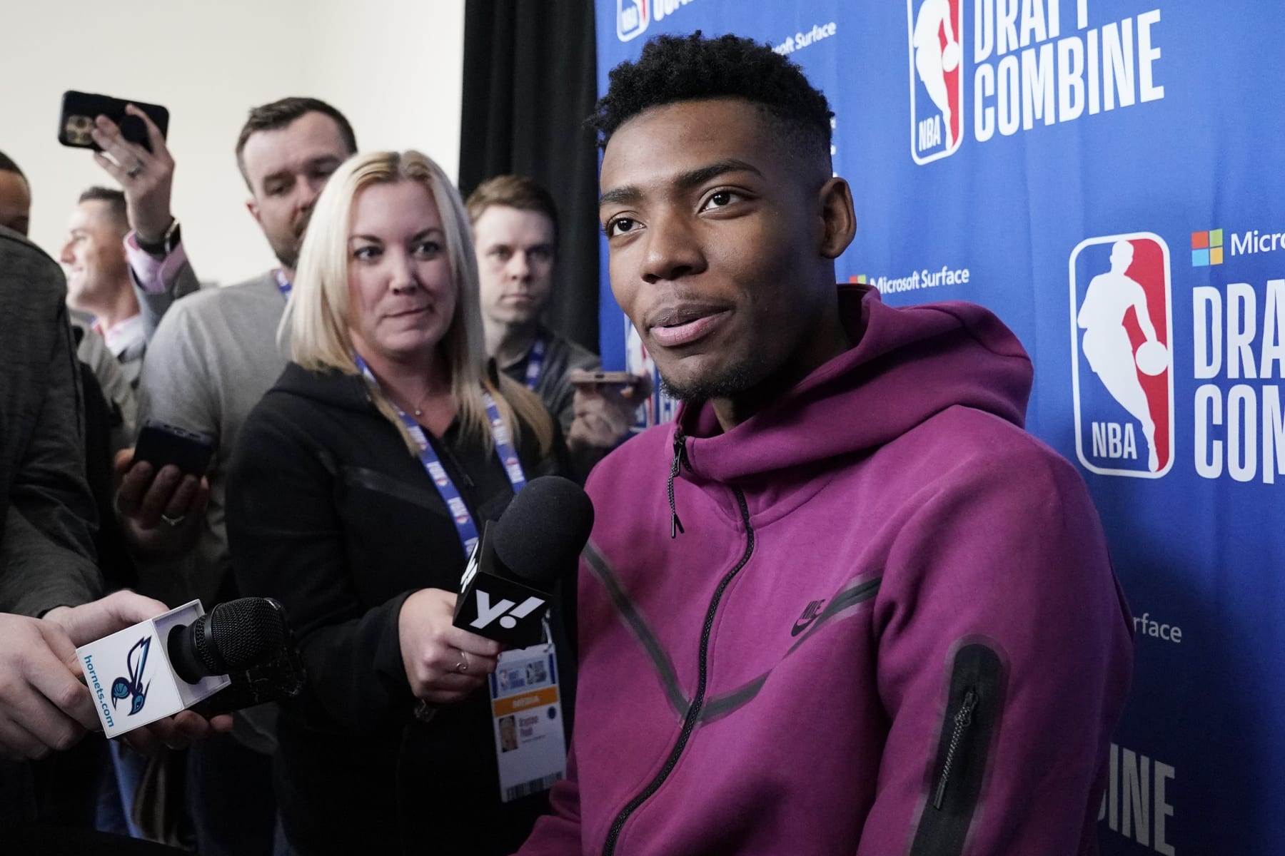Brandon Miller talks to the media during the 2023 NBA basketball Draft Combine in Chicago, Wednesday, May 17, 2023. (AP Photo/Nam Y. Huh)