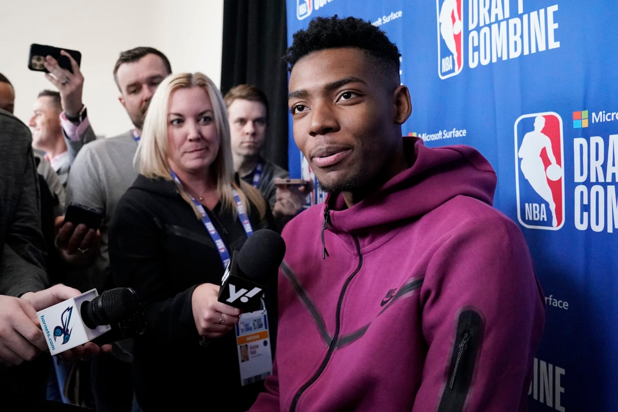 Brandon Miller talks to the media during the 2023 NBA basketball Draft Combine in Chicago, Wednesday, May 17, 2023. (AP Photo/Nam Y. Huh)
