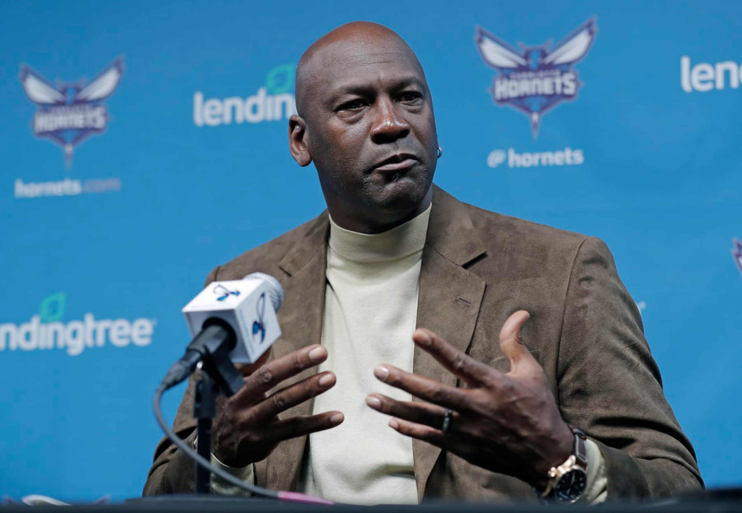 FILE - Charlotte Hornets owner Michael Jordan speaks to the media about hosting the NBA All-Star basketball game during a news conference in Charlotte, N.C., Tuesday, Feb. 12, 2019. Michael Jordan is finalizing a deal to sell the majority share of the Charlotte Hornets, a move that will end his 13-year run overseeing the organization, the team announced Friday, June 16, 2023. Jordan is selling to a group led by Gabe Plotkin and Rick Schnall, the Hornets said. (AP Photo/Chuck Burton, File)