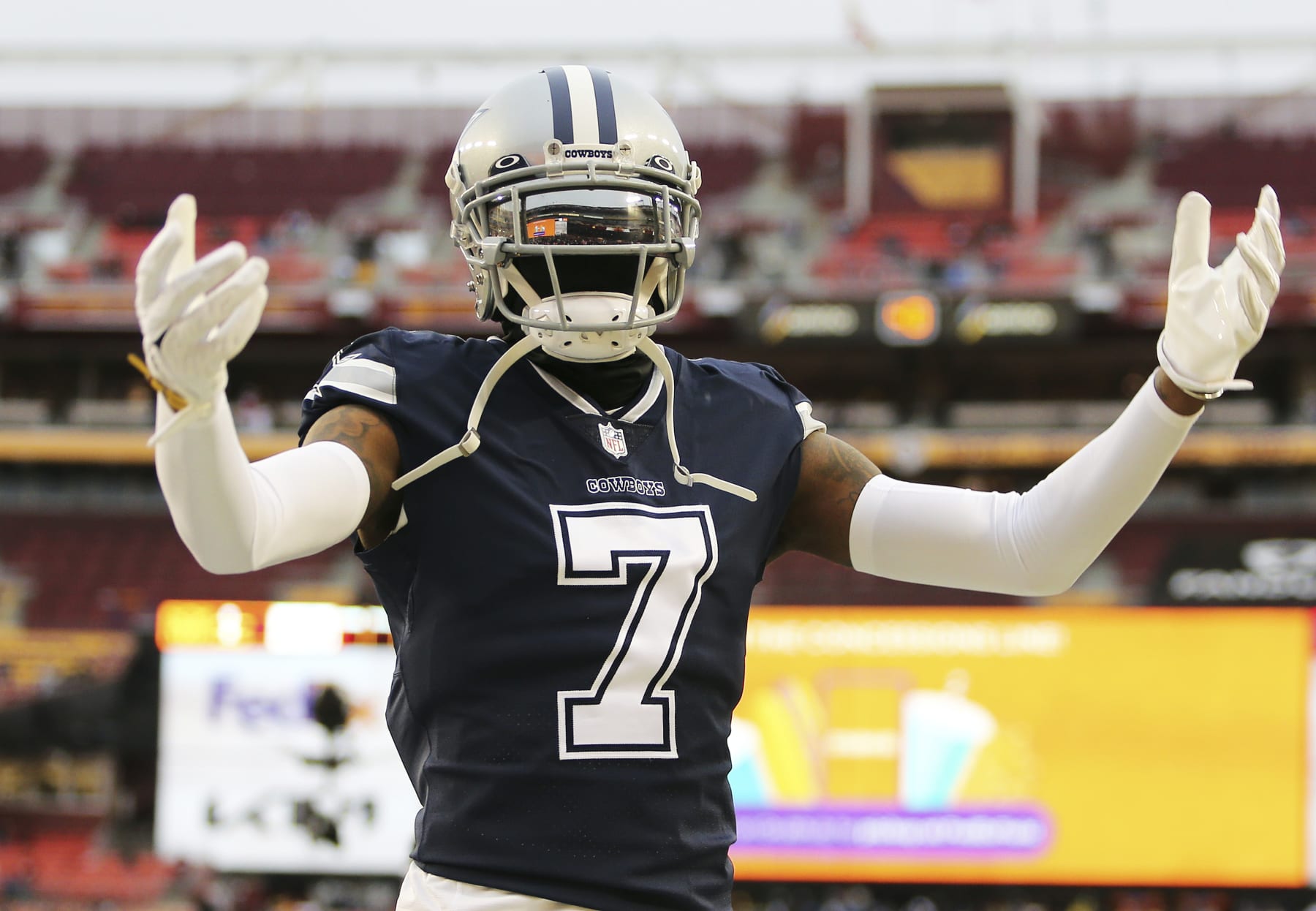 Dallas Cowboys cornerback Trevon Diggs (7) pictured before an NFL football game against the Washington Commanders, Sunday, January 8, 2023 in Landover. (AP Photo/Daniel Kucin Jr.)