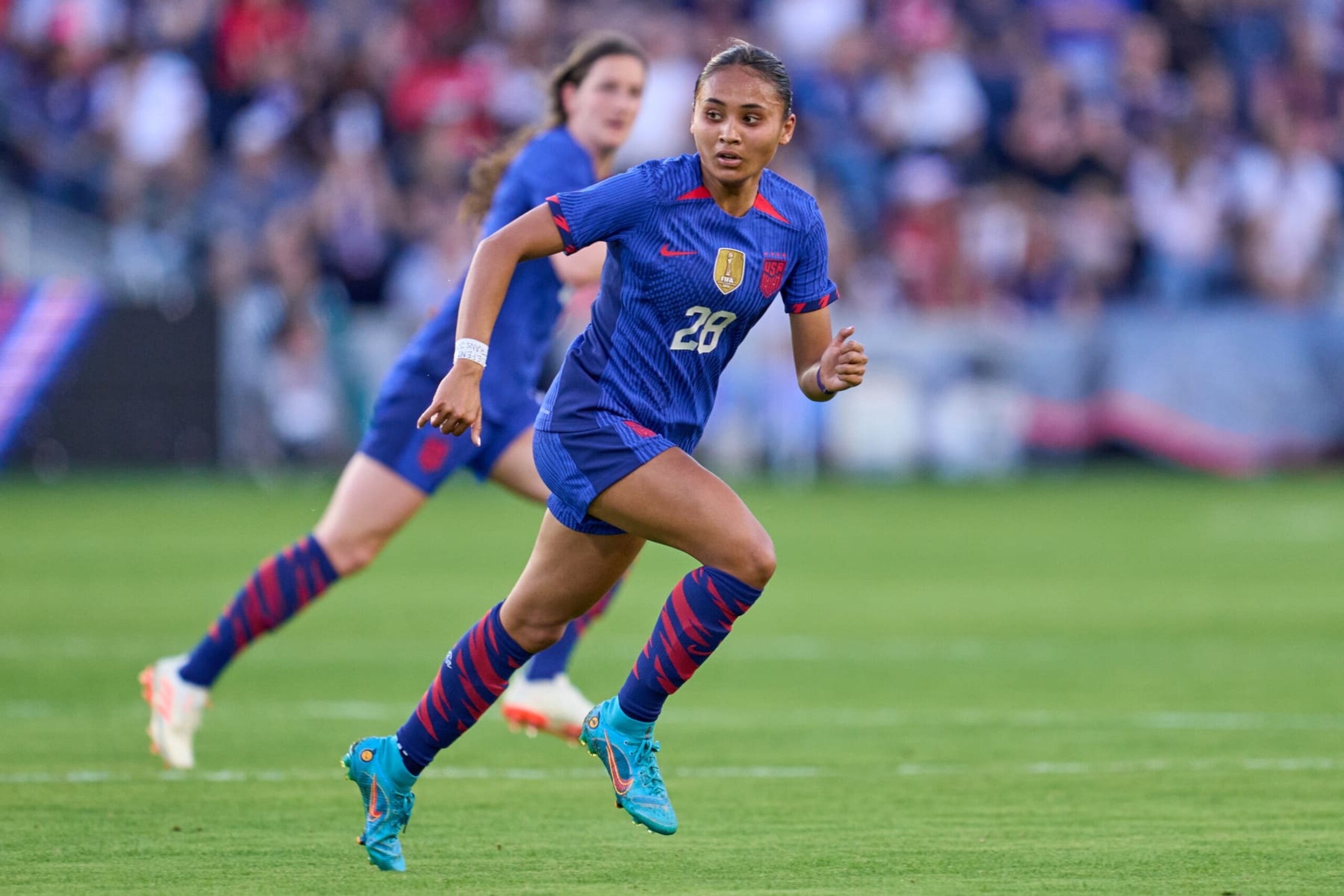 ST. LOUIS, MO - APRIL 11: Alyssa Thompson #28 of the USA chases after the ball during an international friendly game between Ireland and United States at CITYPARK on April 11, 2023 in St. Louis, Missouri.
