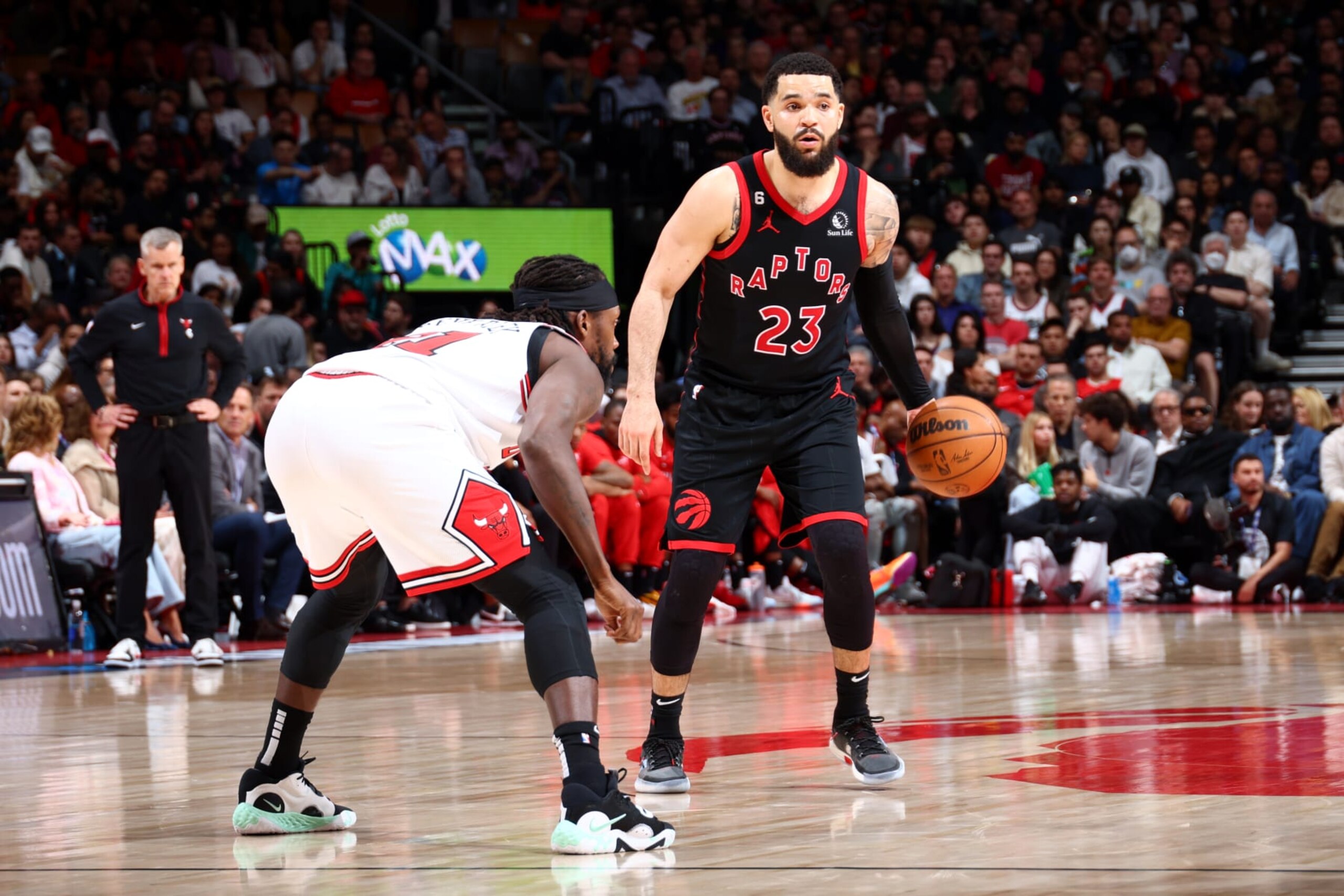 TORONTO, CANADA - APRIL 12: Fred VanVleet #23 of the Toronto Raptors dribbles the ball during the game against the Chicago Bulls during the 2023 Play-In Tournament on April 12, 2023 at the Scotiabank Arena in Toronto, Ontario, Canada.  NOTE TO USER: User expressly acknowledges and agrees that, by downloading and or using this Photograph, user is consenting to the terms and conditions of the Getty Images License Agreement.  Mandatory Copyright Notice: Copyright 2023 NBAE (Photo by Vaughn Ridley/NBAE via Getty Images)