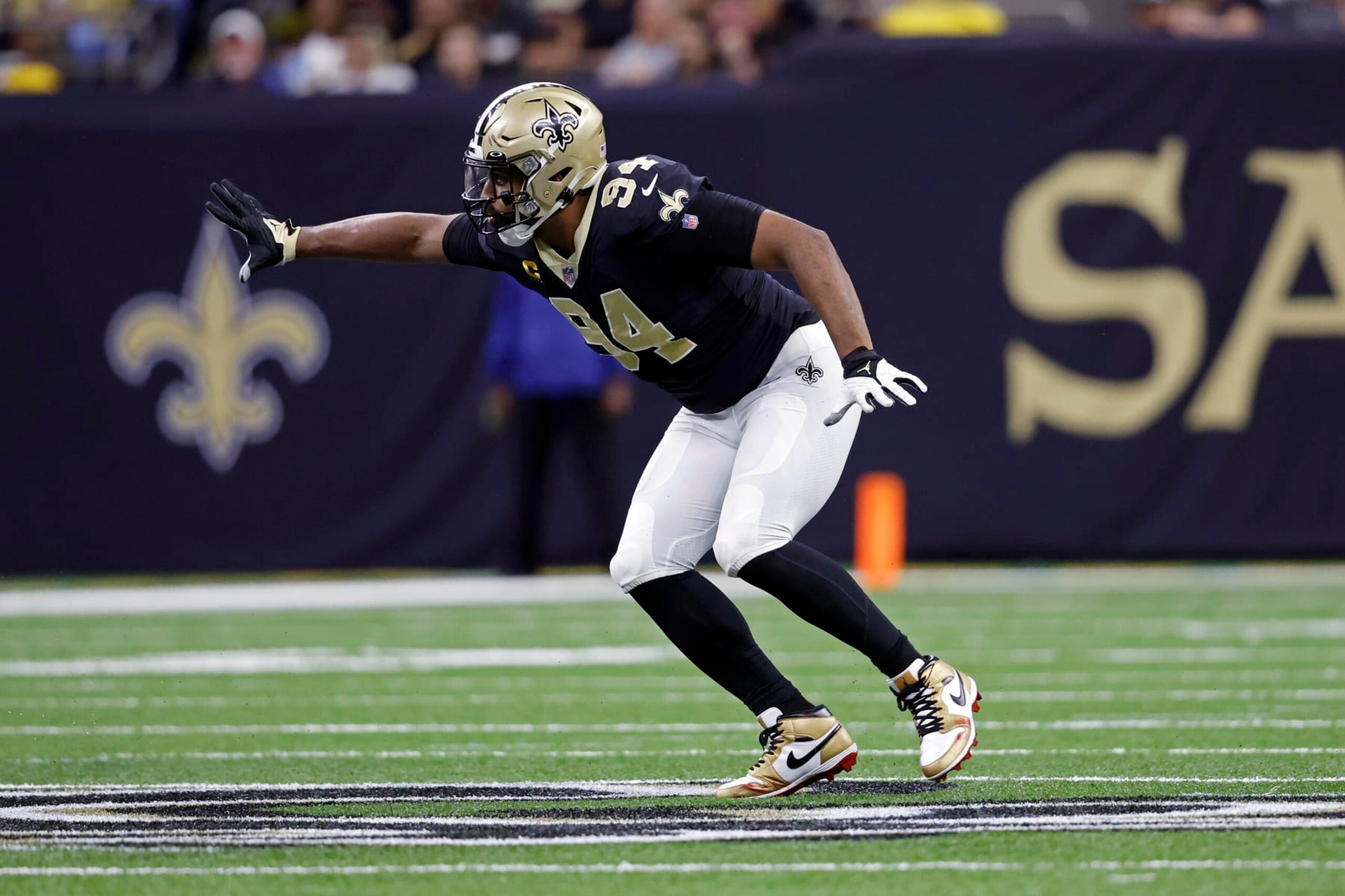 New Orleans Saints defensive end Cameron Jordan (94) during an NFL football game against the Carolina Panthers, Sunday, Jan. 8, 2023, in New Orleans. (AP Photo/Tyler Kaufman)