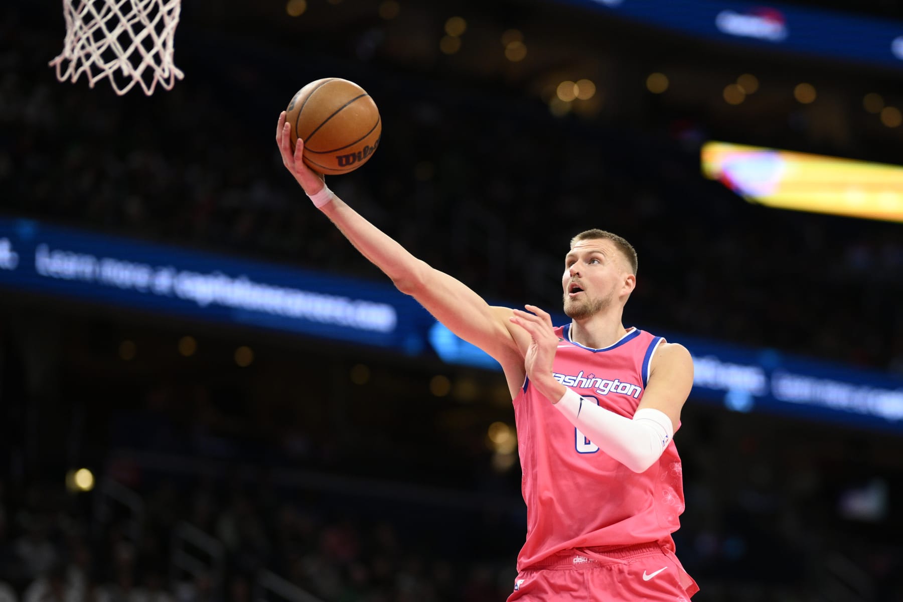 Washington Wizards center Kristaps Porzingis (6) in action during the first half of an NBA basketball game against the Boston Celtics, Tuesday, March 28, 2023, in Washington. (AP Photo/Nick Wass)