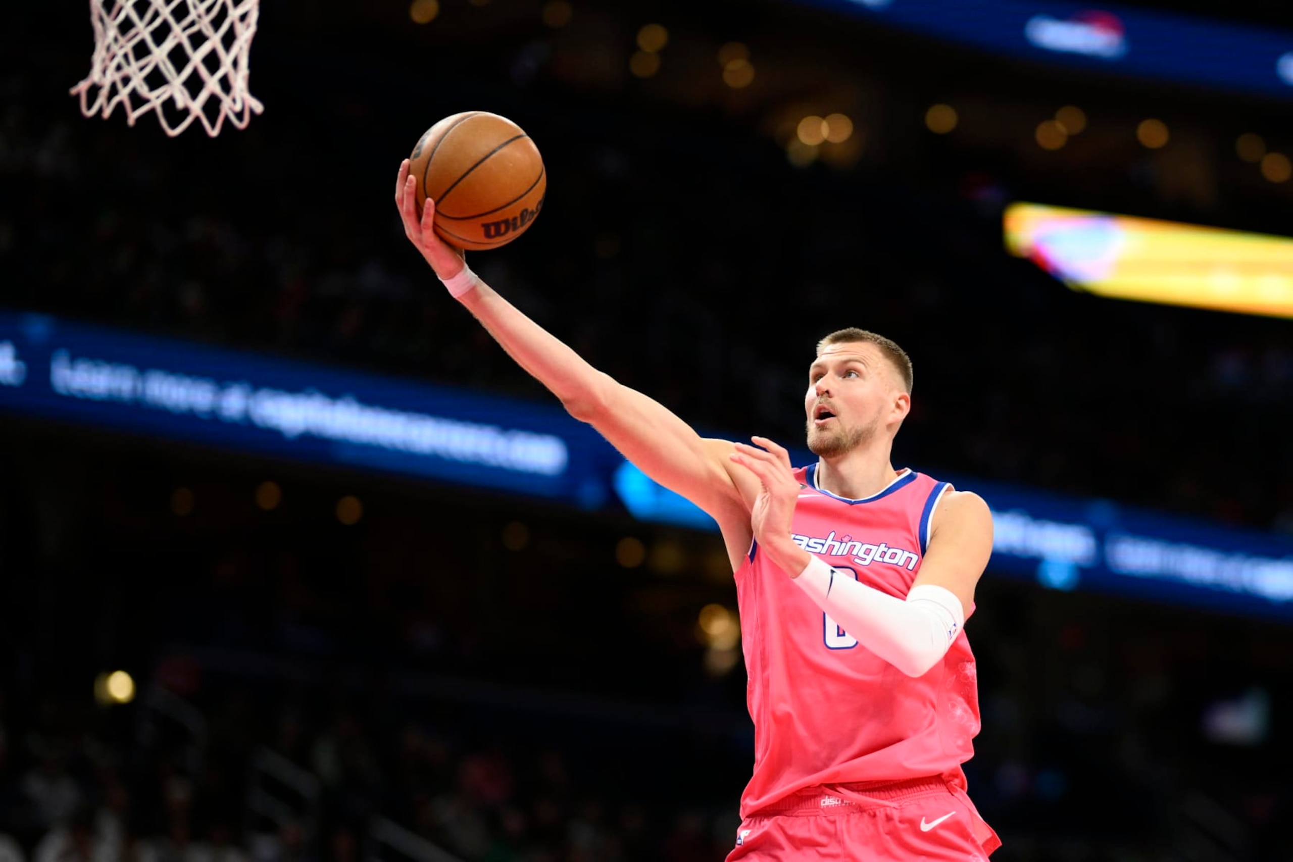 Washington Wizards center Kristaps Porzingis (6) in action during the first half of an NBA basketball game against the Boston Celtics, Tuesday, March 28, 2023, in Washington. (AP Photo/Nick Wass)