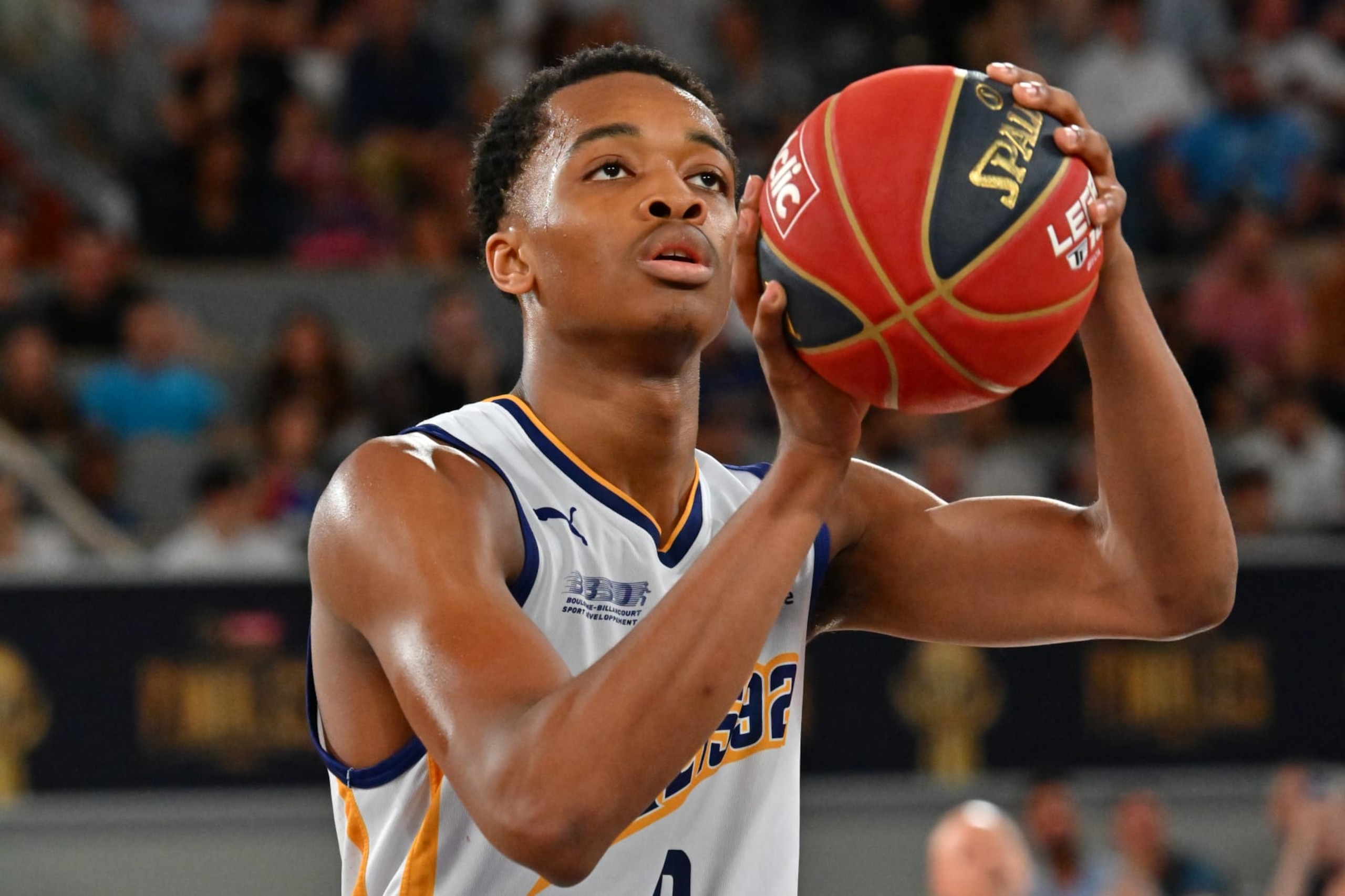 PARIS, FRANCE - JUNE 15: Bilal Coulibaly of  Boulogne Levallois in action during the Playoffs Betclic ELITE - Finale Episode 3 basketball match between Boulogne-Levallois and AS Monaco Basket at Roland Garros Philippe Chatrier in  Paris, France, on 15 June 2023. (Photo by Christian Liewig - Corbis/Corbis via Getty Images)