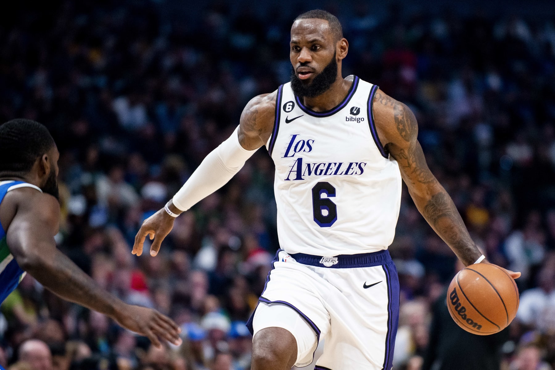 Los Angeles Lakers forward LeBron James (6) attempts to drive to the basket in the first half of an NBA basketball game Dallas Mavericks in Dallas, Sunday, Dec. 25, 2022. (AP Photo/Emil T. Lippe)