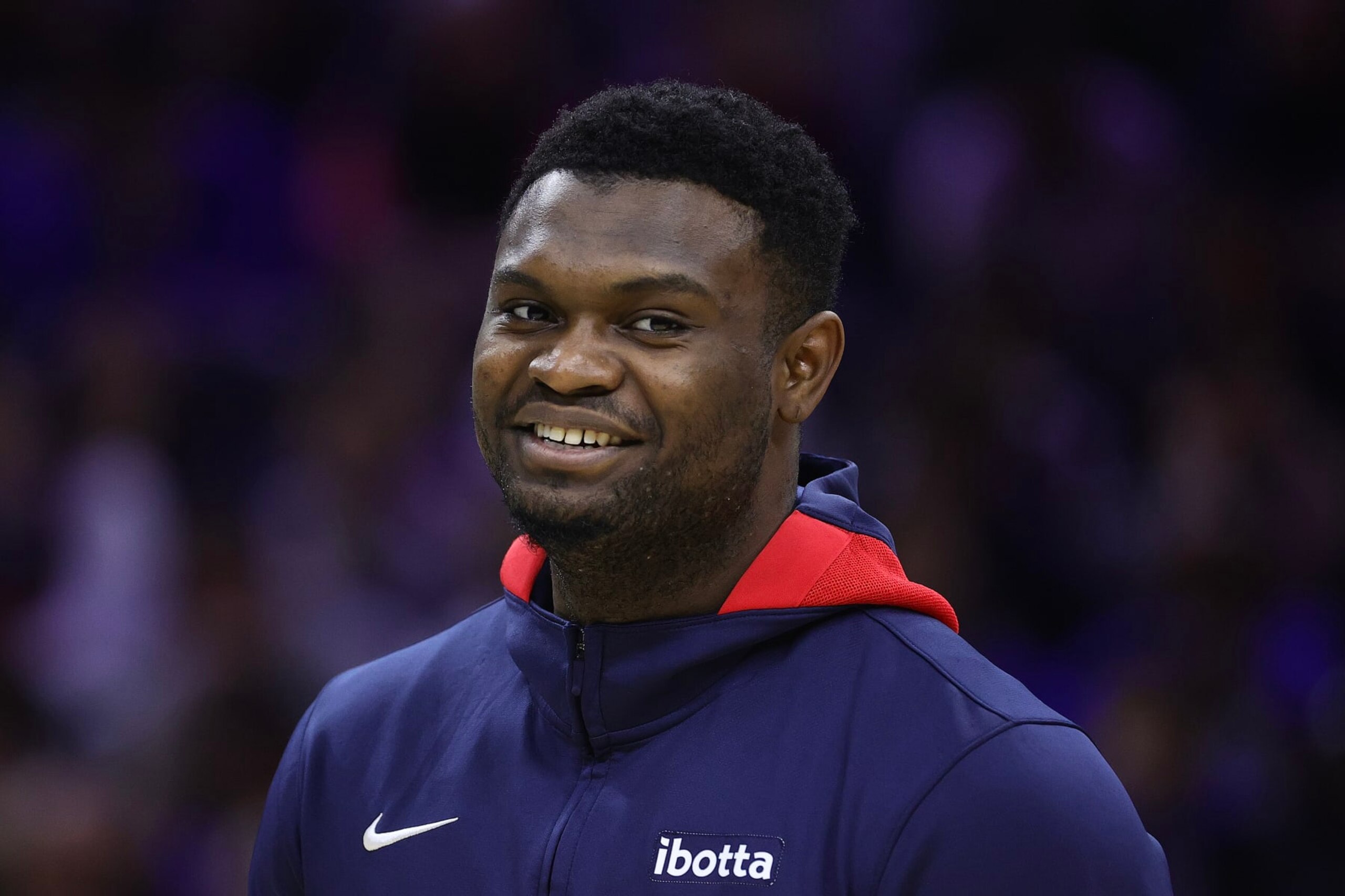 PHILADELPHIA, PENNSYLVANIA - JANUARY 02: Zion Williamson #1 of the New Orleans Pelicans looks on before playing against the Philadelphia 76ers at Wells Fargo Center on January 02, 2023 in Philadelphia, Pennsylvania. NOTE TO USER: User expressly acknowledges and agrees that, by downloading and or using this photograph, User is consenting to the terms and conditions of the Getty Images License Agreement. (Photo by Tim Nwachukwu/Getty Images)