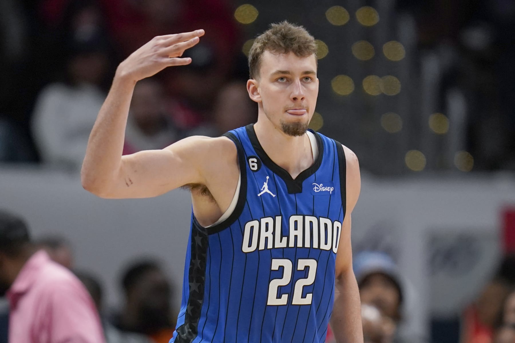 WASHINGTON, DC - MARCH 31: Franz Wagner #22 of the Orlando Magic reacts after scoring against the Washington Wizards during the second half at Capital One Arena on March 31, 2023 in Washington, DC. NOTE TO USER: User expressly acknowledges and agrees that, by downloading and or using this photograph, User is consenting to the terms and conditions of the Getty Images License Agreement. (Photo by Jess Rapfogel/Getty Images)