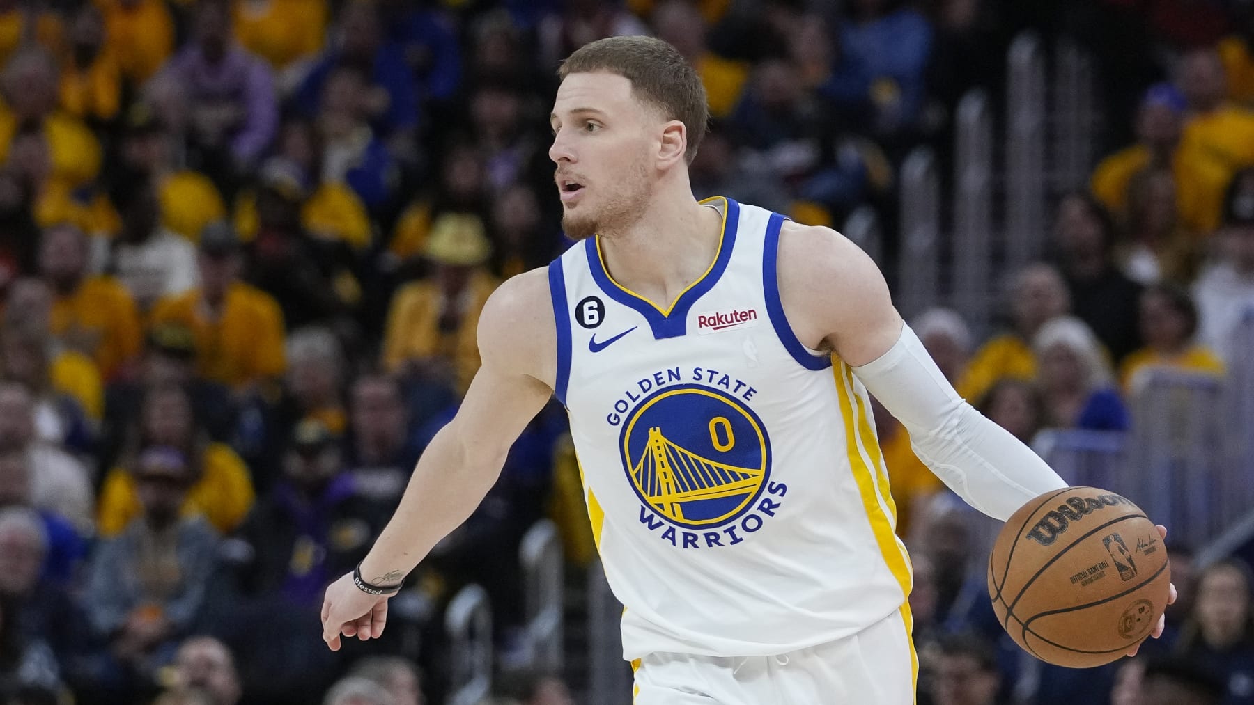 Golden State Warriors guard Donte DiVincenzo against the Los Angeles Lakers during the second half of Game 2 of an NBA basketball Western Conference semifinal game in San Francisco, Thursday, May 4, 2023. (AP Photo/Godofredo A. Vásquez)