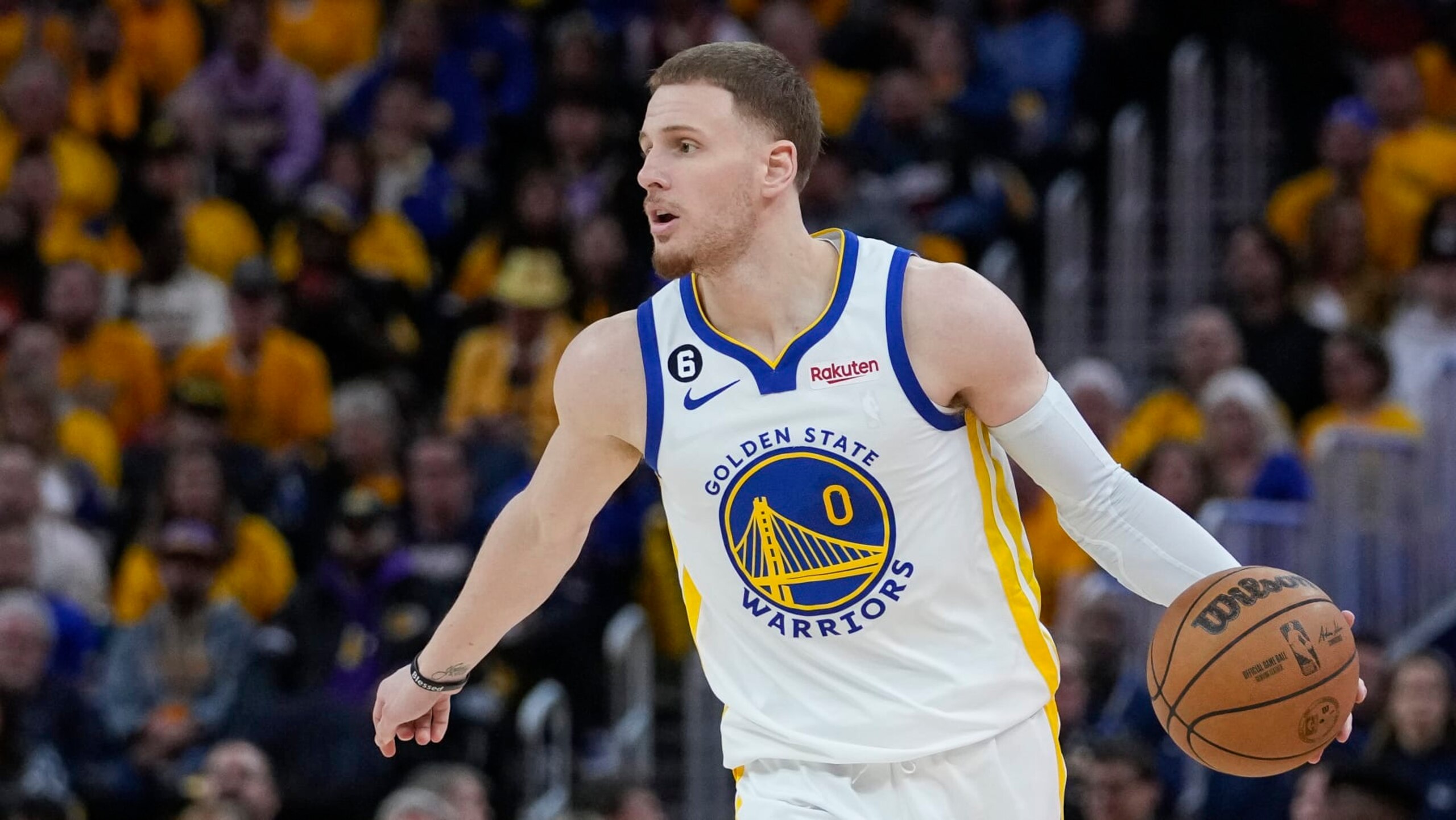 Golden State Warriors guard Donte DiVincenzo against the Los Angeles Lakers during the second half of Game 2 of an NBA basketball Western Conference semifinal game in San Francisco, Thursday, May 4, 2023. (AP Photo/Godofredo A. Vásquez)