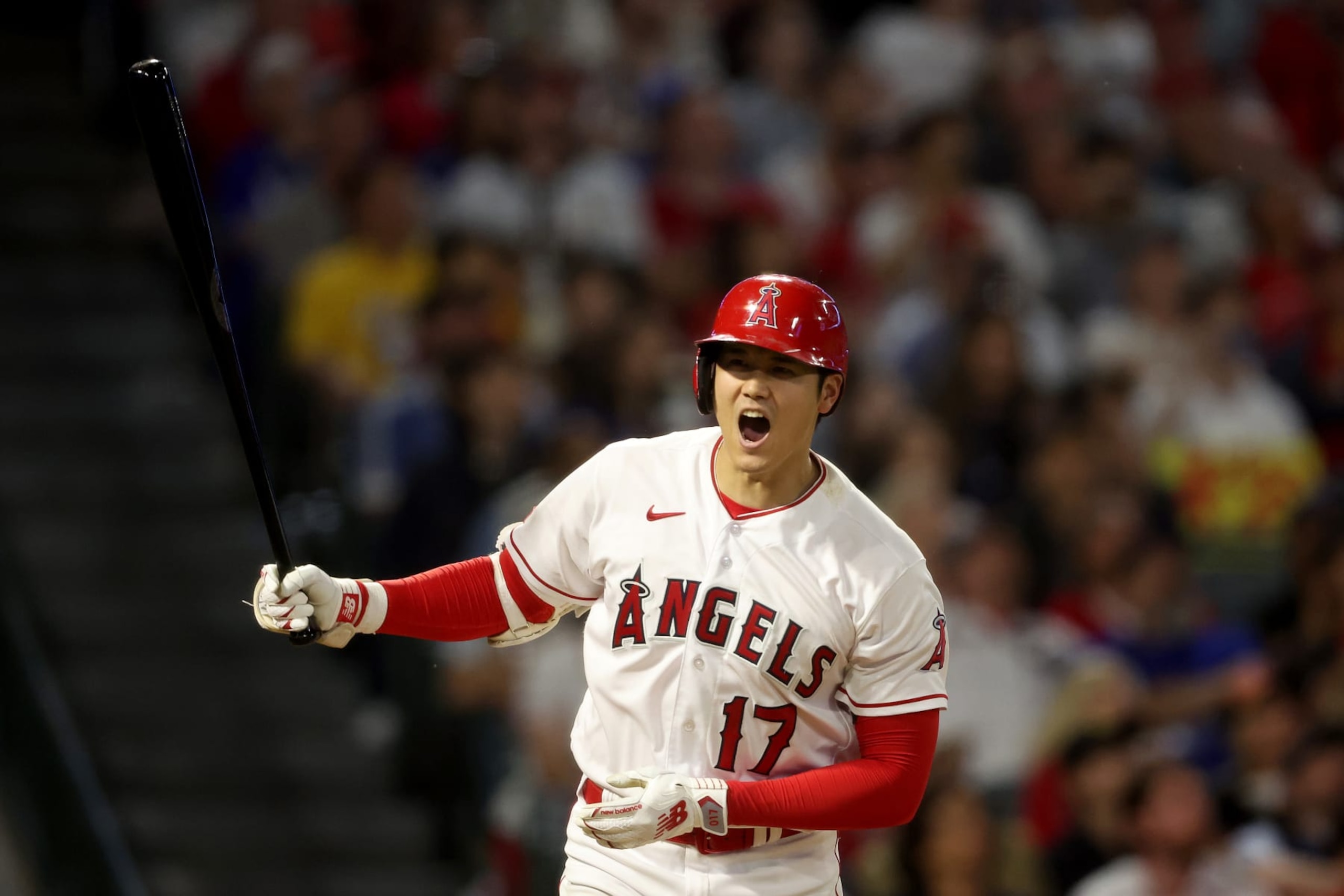ANAHEIM, CALIFORNIA - JUNE 21: Shohei Ohtani #17 of the Los Angeles Angels reacts after flying out during the ninth inning of a game against the Los Angeles Dodgers at Angel Stadium of Anaheim on June 21, 2023 in Anaheim, California. (Photo by Sean M. Haffey/Getty Images)