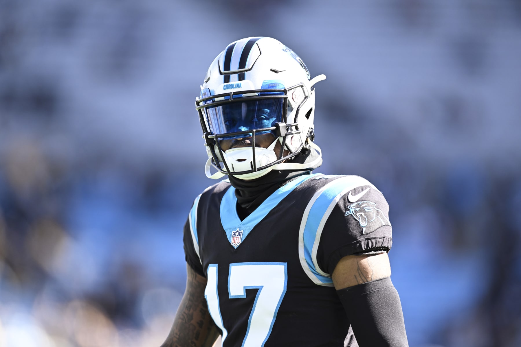 CHARLOTTE, NORTH CAROLINA - DECEMBER 18: Rashard Higgins #17 of the Carolina Panthers stands on the field during warm ups before their game against the Pittsburgh Steelers at Bank of America Stadium on December 18, 2022 in Charlotte, North Carolina. (Photo by Eakin Howard/Getty Images)