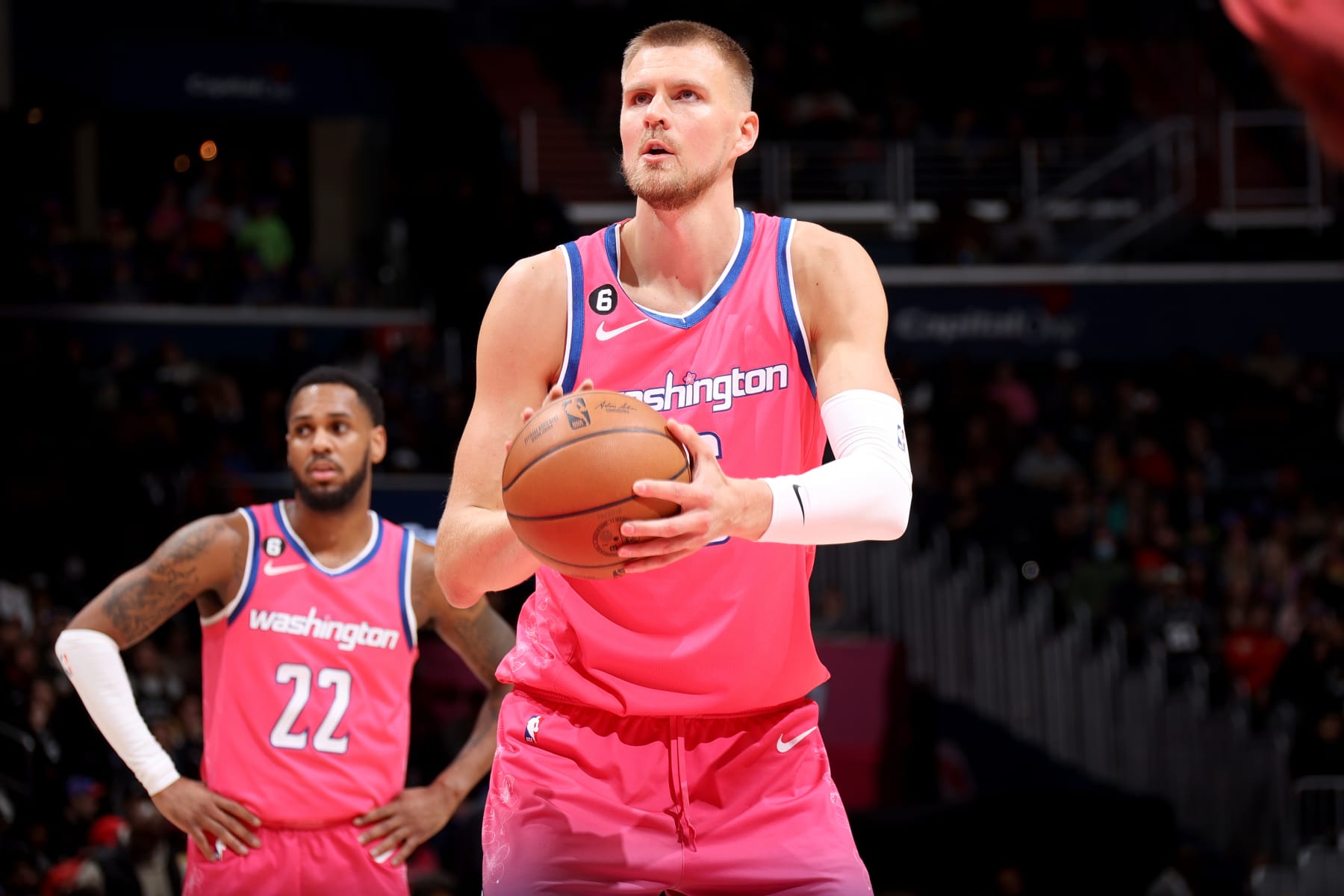 WASHINGTON, DC -  MARCH 24: Kristaps Porzingis #6 of the Washington Wizards prepares to shoot a free throw against the San Antonio Spurs  on March 24, 2023 at Capital One Arena in Washington, DC. NOTE TO USER: User expressly acknowledges and agrees that, by downloading and or using this Photograph, user is consenting to the terms and conditions of the Getty Images License Agreement. Mandatory Copyright Notice: Copyright 2023 NBAE (Photo by Stephen Gosling/NBAE via Getty Images)