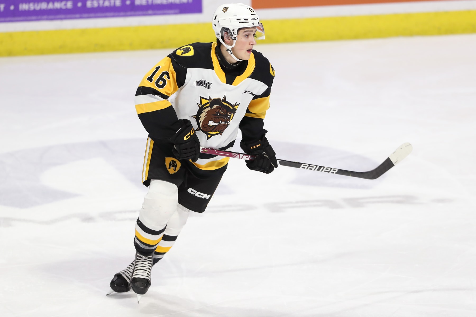 WINDSOR, ONTARIO - FEBRUARY 04: Forward Nick Lardis #16 of the Hamilton Bulldogs skates against the Windsor Spitfires at the WFCU Centre on February 4, 2023 in Windsor, Ontario, Canada. (Photo by Dennis Pajot/Getty Images)