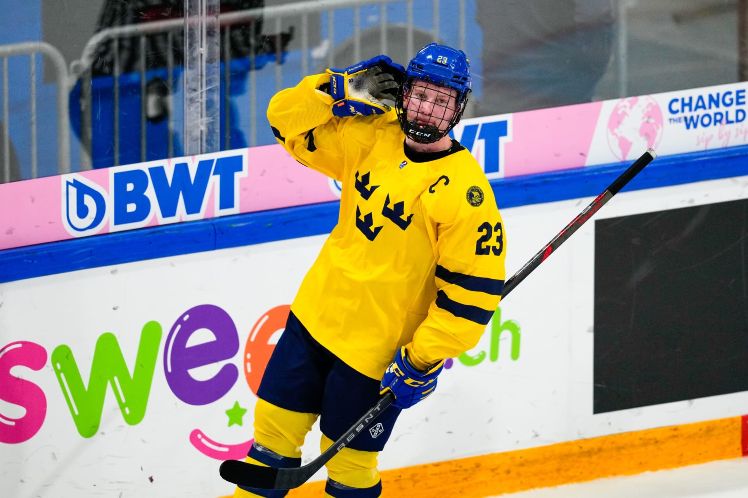 BASEL, SWITZERLAND - APRIL 29: Otto Stenberg of Sweden celebrating his second goal during the semi final of U18 Ice Hockey World Championship match between Sweden and Canada at St. Jakob-Park on April 29, 2023 in Basel, Switzerland. (Photo by Jari Pestelacci/Eurasia Sport Images/Getty Images) BASEL, SWITZERLAND - APRIL 29: Otto Stenberg of Sweden celebrating his second goal during the semi final of U18 Ice Hockey World Championship match between Sweden and Canada at St. Jakob-Park on April 29, 2023 in Basel, Switzerland. (Photo by Jari Pestelacci/Eurasia Sport Images/Getty Images)
