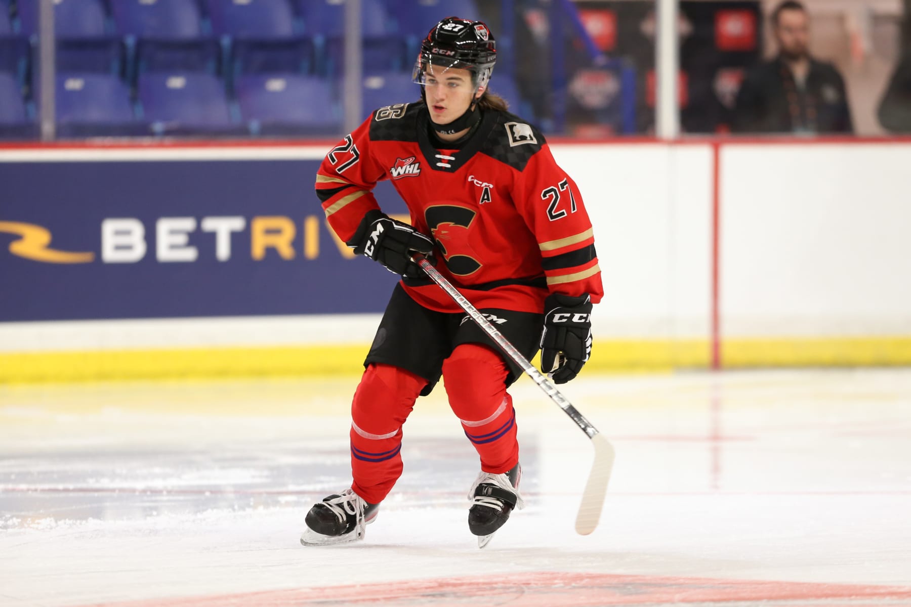 LANGLEY, BRITISH COLUMBIA - JANUARY 24: Forward Riley Heidt #27 of the Prince George Cougars skates for Team Red during the 2023 Kubota CHL Top Prospects Game Practice at the Langley Events Centre on January 24, 2023 in Langley, British Columbia. (Photo by Dennis Pajot/Getty Images)