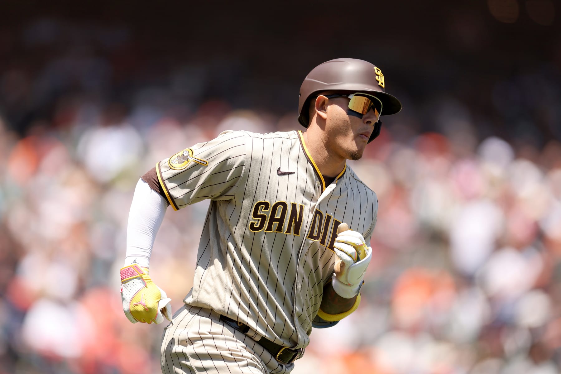 SAN FRANCISCO, CALIFORNIA - JUNE 22: Manny Machado #13 of the San Diego Padres runs up the first base line after he hit a three-run home run against the San Francisco Giants in the third inning on June 22, 2023 in San Francisco, California. (Photo by Ezra Shaw/Getty Images)