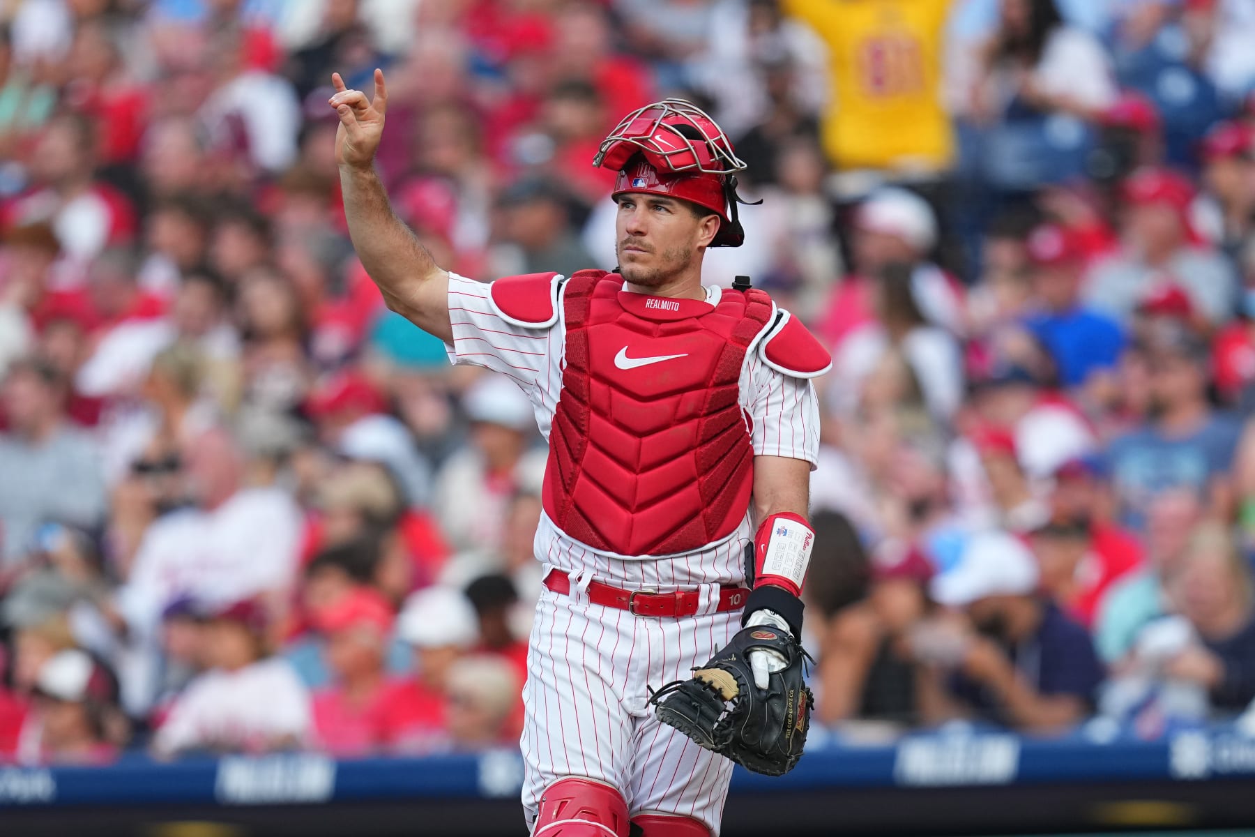 PHILADELPHIA, PENNSYLVANIA - JUNE 20: J.T. Realmuto #10 of the Philadelphia Phillies looks on against the Atlanta Braves at Citizens Bank Park on June 20, 2023 in Philadelphia, Pennsylvania. (Photo by Mitchell Leff/Getty Images)