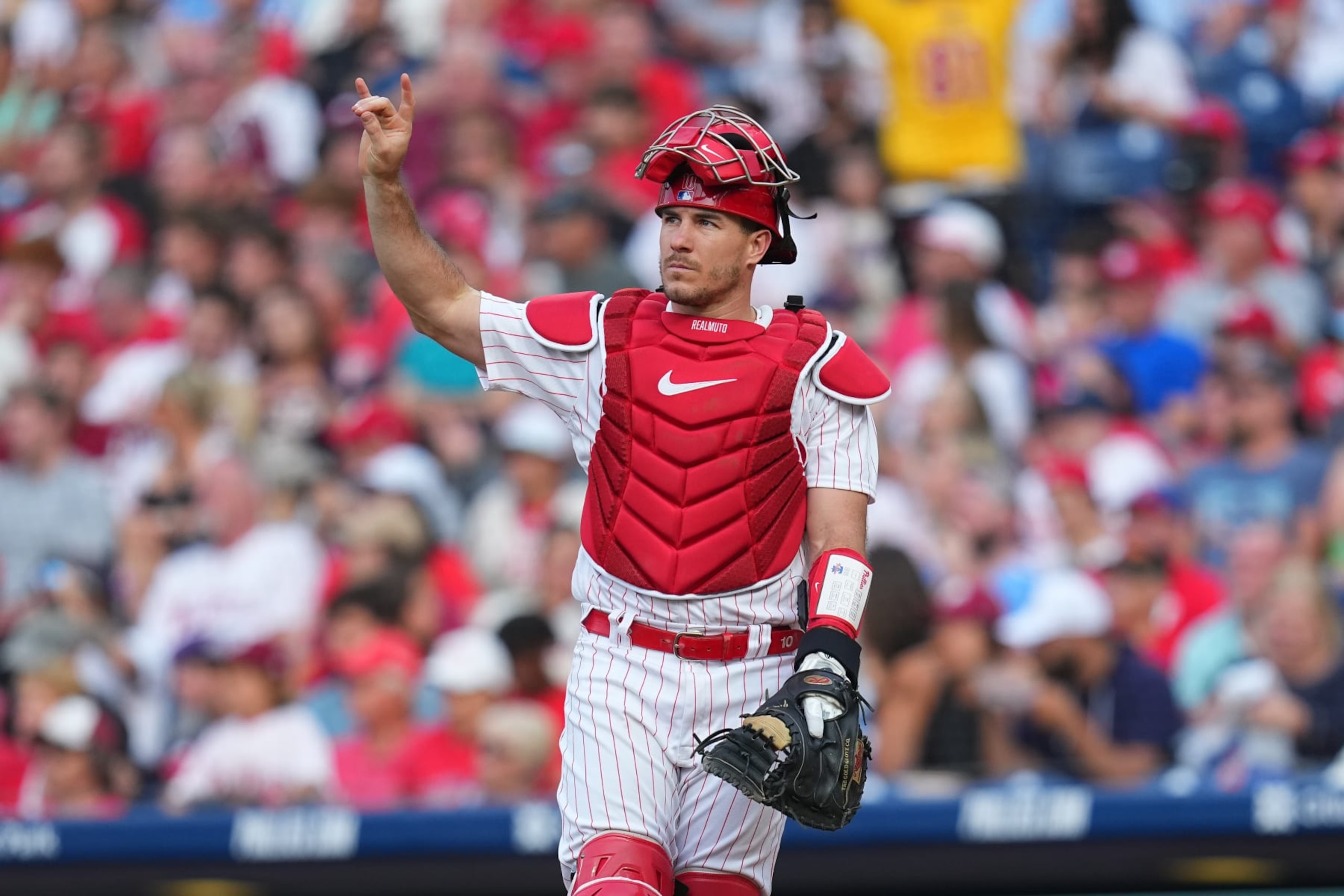PHILADELPHIA, PENNSYLVANIA - JUNE 20: J.T. Realmuto #10 of the Philadelphia Phillies looks on against the Atlanta Braves at Citizens Bank Park on June 20, 2023 in Philadelphia, Pennsylvania. (Photo by Mitchell Leff/Getty Images)