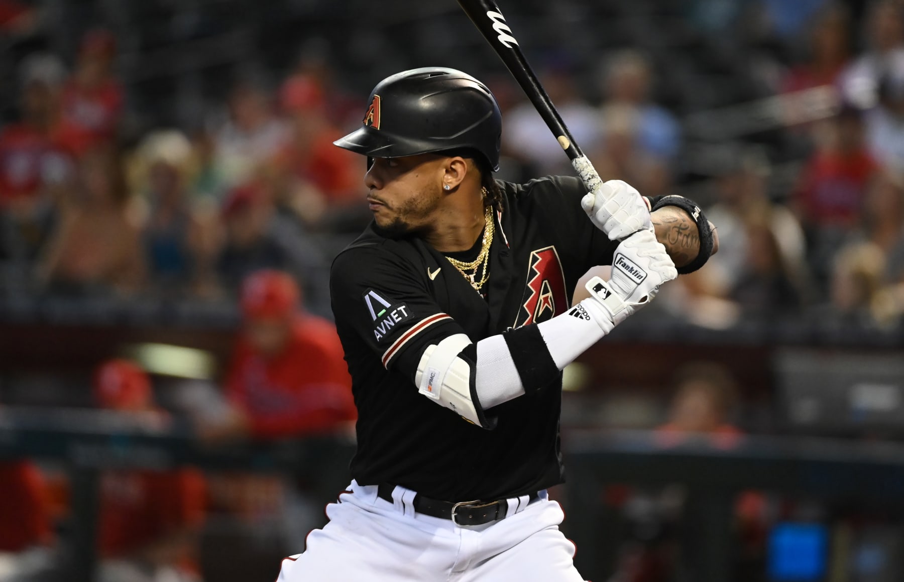 PHOENIX, ARIZONA - JUNE 15: Ketel Marte #4 of the Arizona Diamondbacks gets ready in the batters box against the Philadelphia Phillies at Chase Field on June 15, 2023 in Phoenix, Arizona. (Photo by Norm Hall/Getty Images)