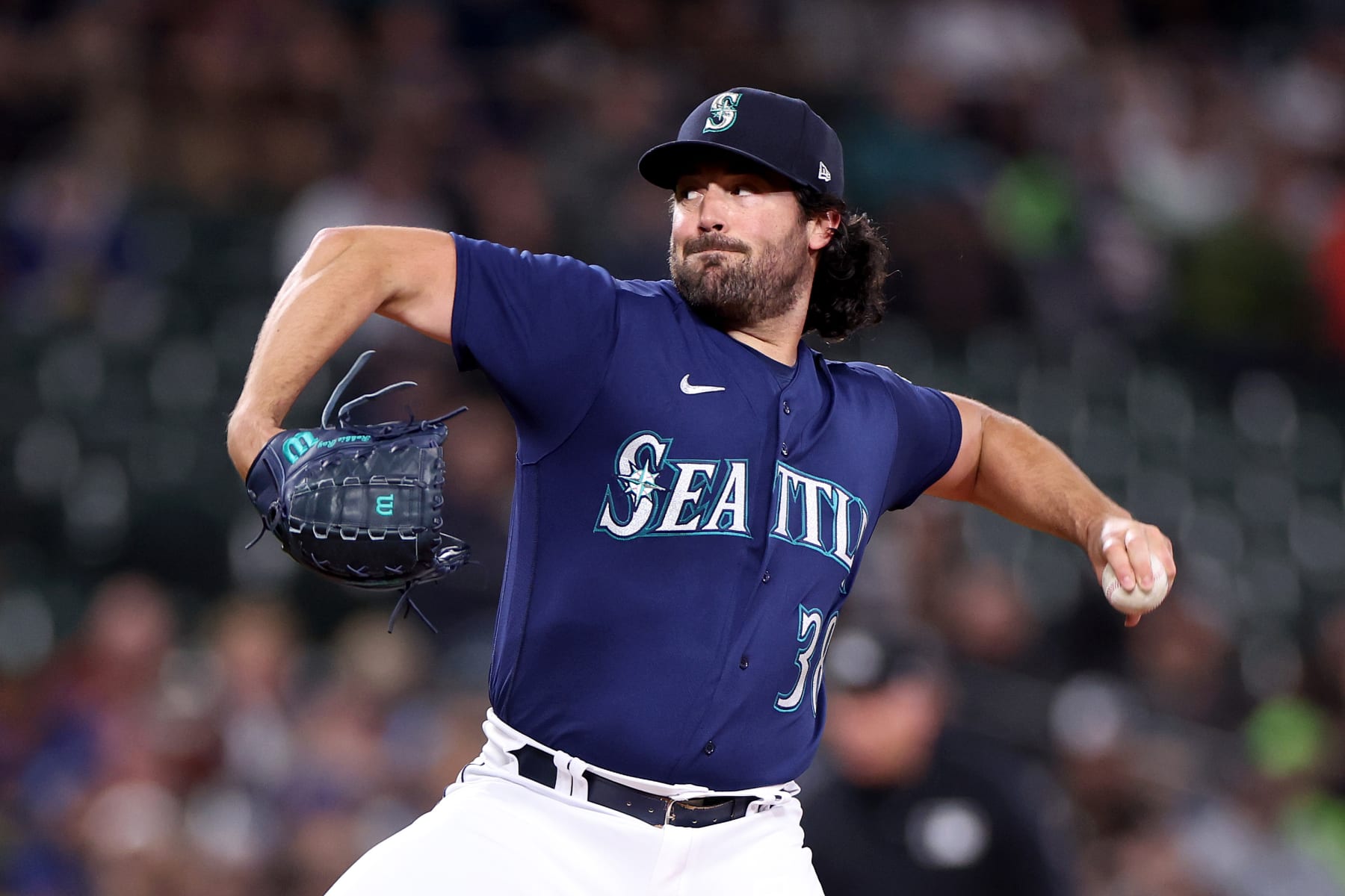 SEATTLE, WASHINGTON - MARCH 31: Robbie Ray #38 of the Seattle Mariners pitches during the first inning against the Cleveland Guardians at T-Mobile Park on March 31, 2023 in Seattle, Washington. (Photo by Steph Chambers/Getty Images)