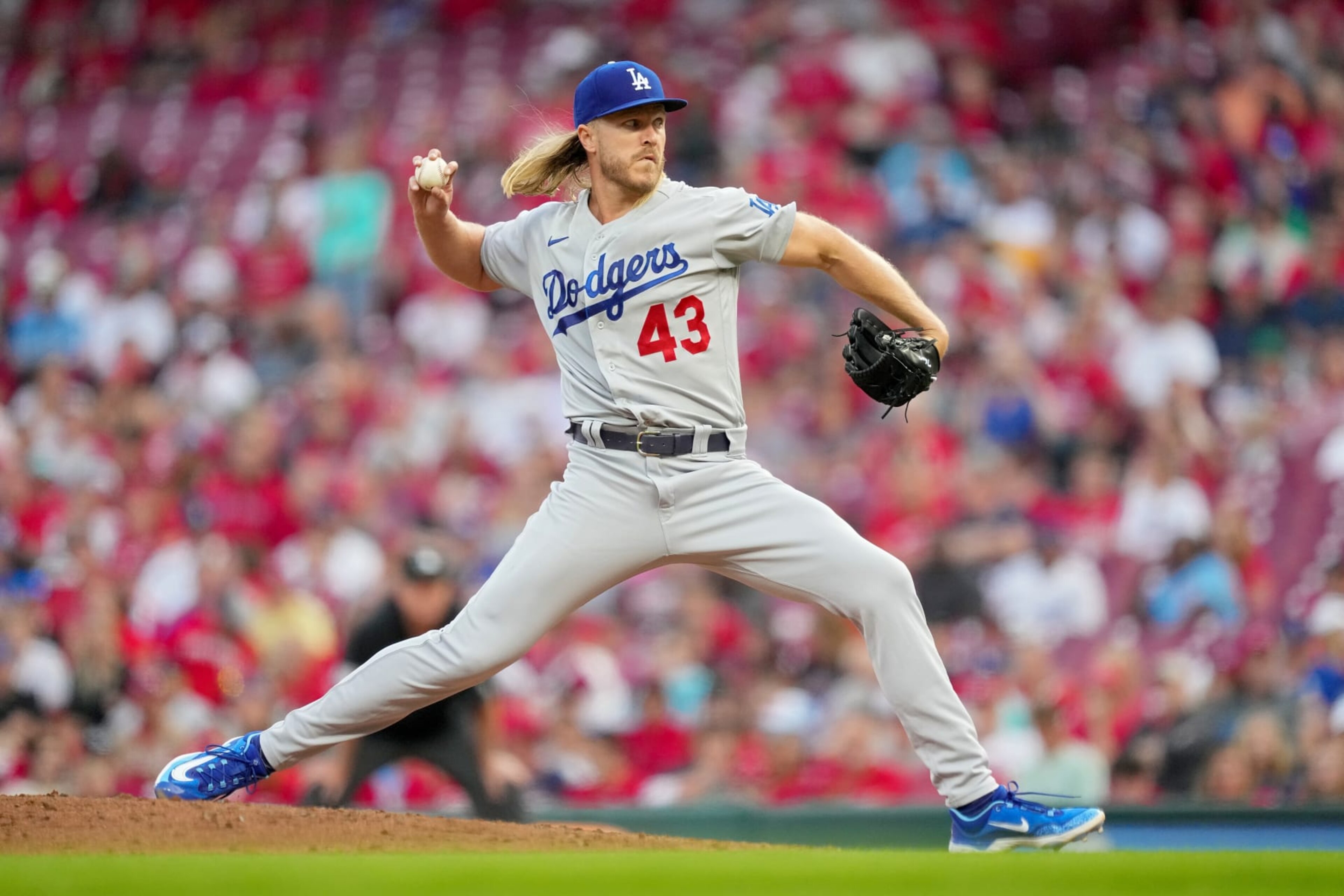 CINCINNATI, OHIO - JUNE 07: Noah Syndergaard #43 of the Los Angeles Dodgers pitches in the third inning against the Cincinnati Reds at Great American Ball Park on June 07, 2023 in Cincinnati, Ohio. (Photo by Dylan Buell/Getty Images) CINCINNATI, OHIO - JUNE 07: Noah Syndergaard #43 of the Los Angeles Dodgers pitches in the third inning against the Cincinnati Reds at Great American Ball Park on June 07, 2023 in Cincinnati, Ohio. (Photo by Dylan Buell/Getty Images)