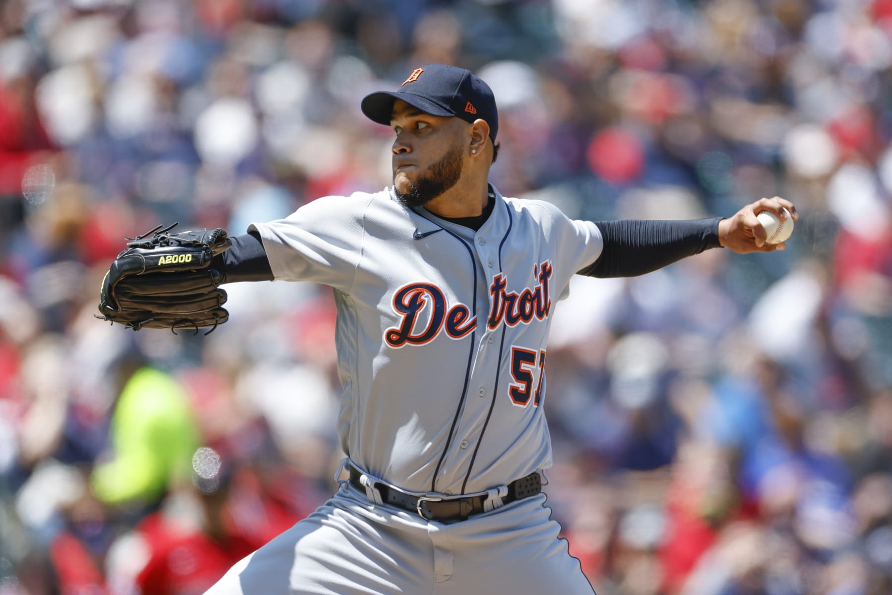 CLEVELAND, OH - MAY 10: Eduardo Rodriguez #57 of the Detroit Tigers pitches against the Cleveland Guardians during the second inning at Progressive Field on May 10, 2023 in Cleveland, Ohio. (Photo by Ron Schwane/Getty Images)