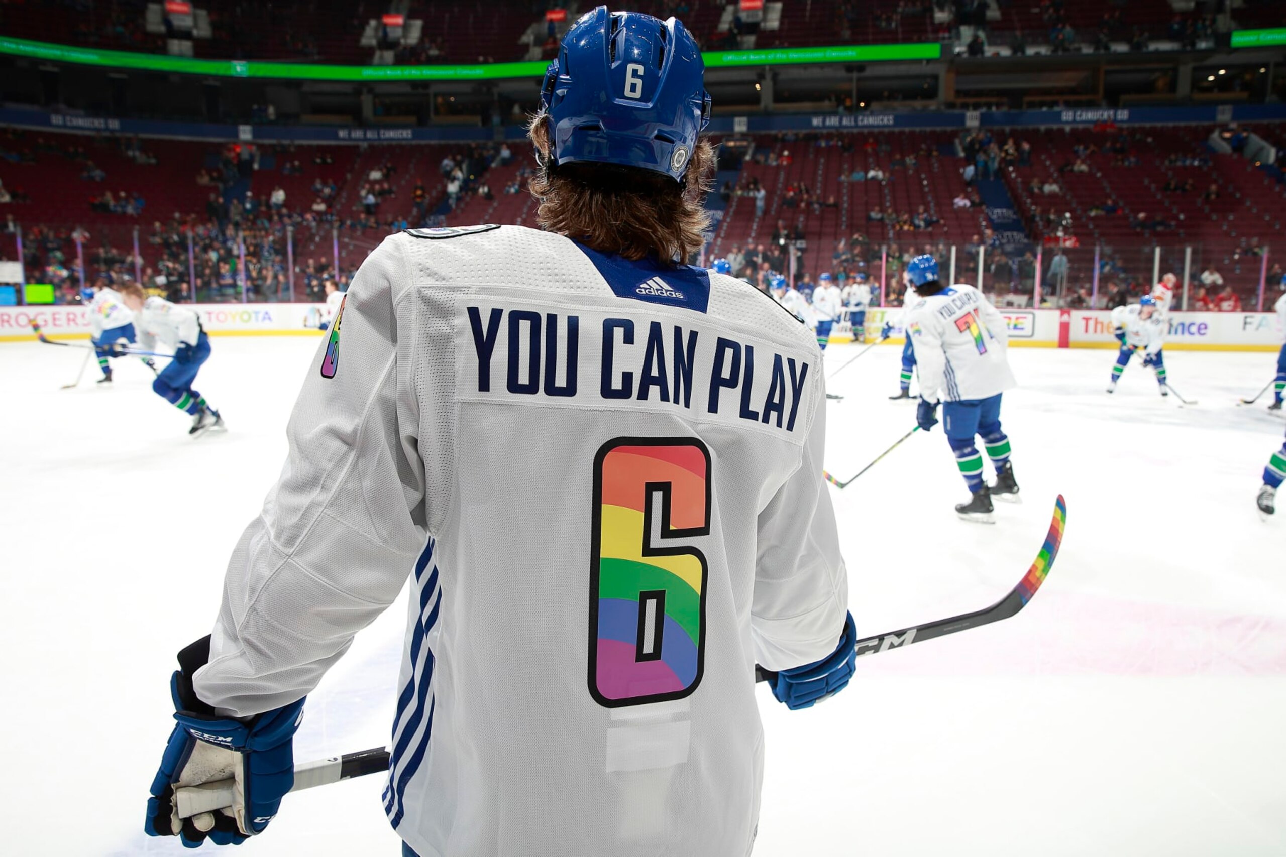 VANCOUVER, CANADA - MARCH 31: Brock Boeser #6 of the Vancouver Canucks warms up in his You can play Pride night jersey before their NHL game against the Calgary Flames at Rogers Arena March 31, 2023 in Vancouver, British Columbia, Canada.  (Photo by Jeff Vinnick/NHLI via Getty Images)